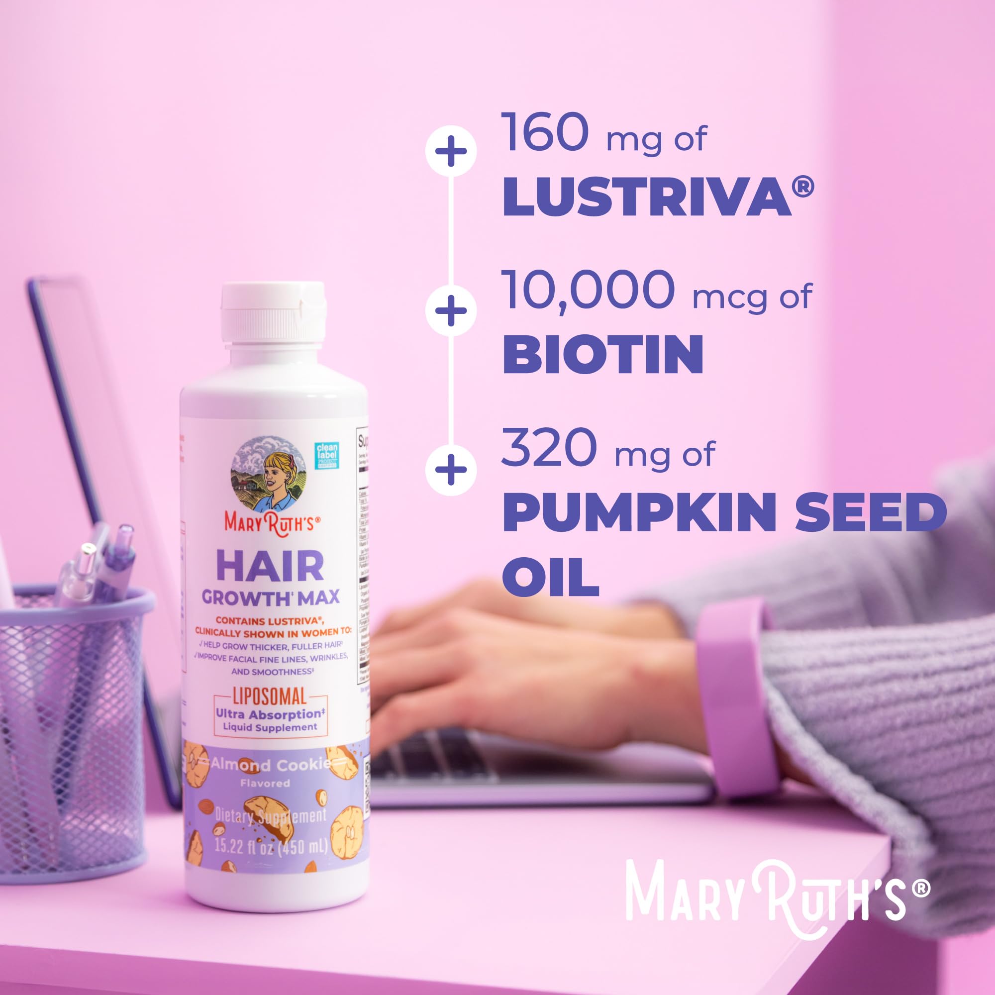MaryRuth's Hair Growth Max Liposomal 10000mcg Biotin, Thicker Hair, 15.22oz | Lustriva® + Pumpkin Seed Oil, Hair Care, Wrinkles, Fine Lines, Skin Care, Ages 18+