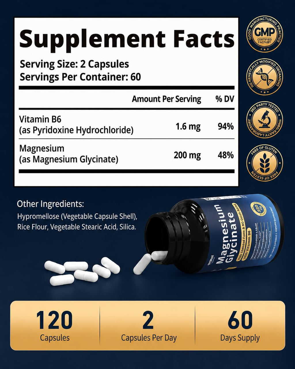 Magnesium Glycinate 200mg with Vitamin B6 for Women & Men,120 Capsules