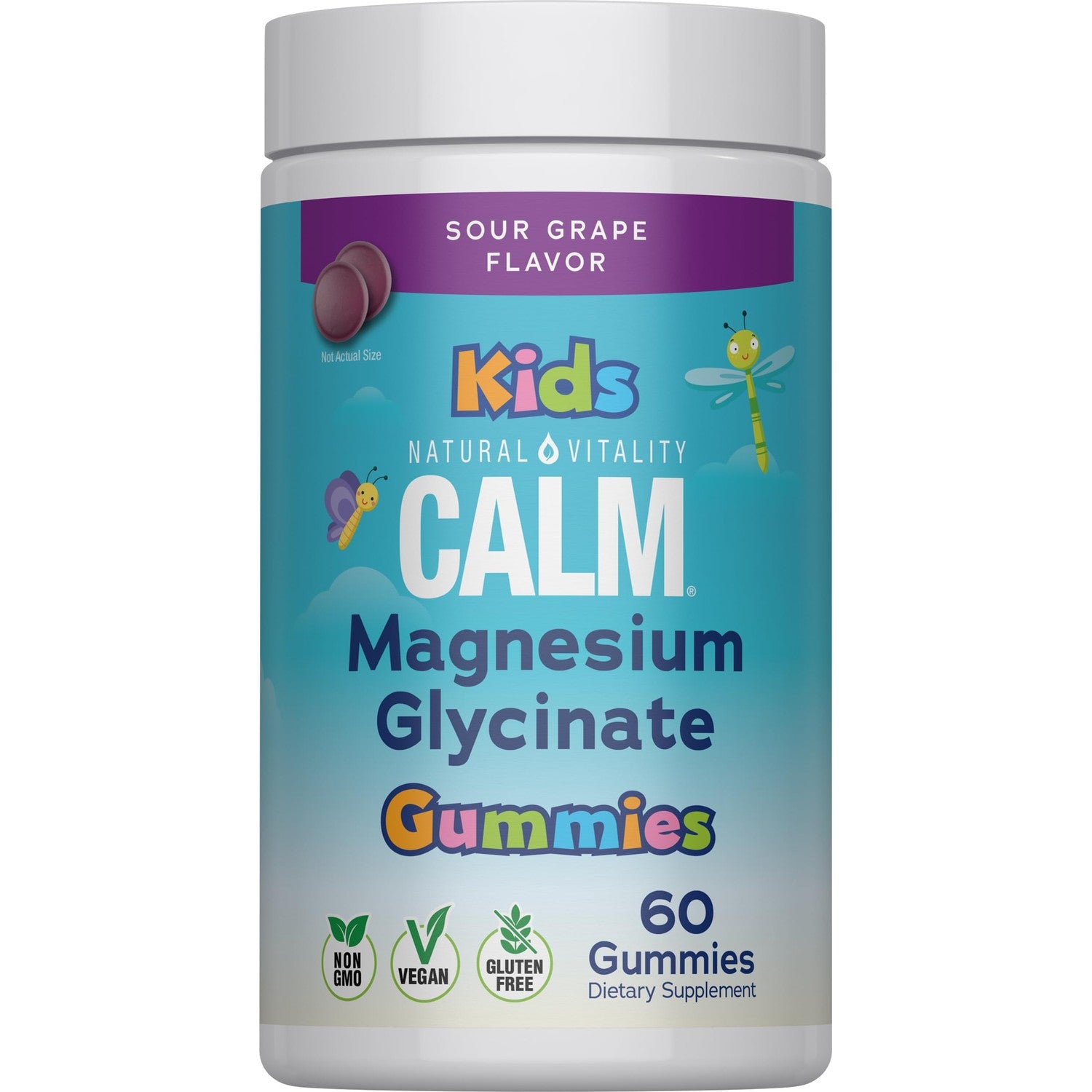 Natural Vitality Kids Calm | Magnesium Glycinate Gummies | Sour Grape Flavored | Non-GMO, Vegan & Gluten Free Supplement | 60 Count
