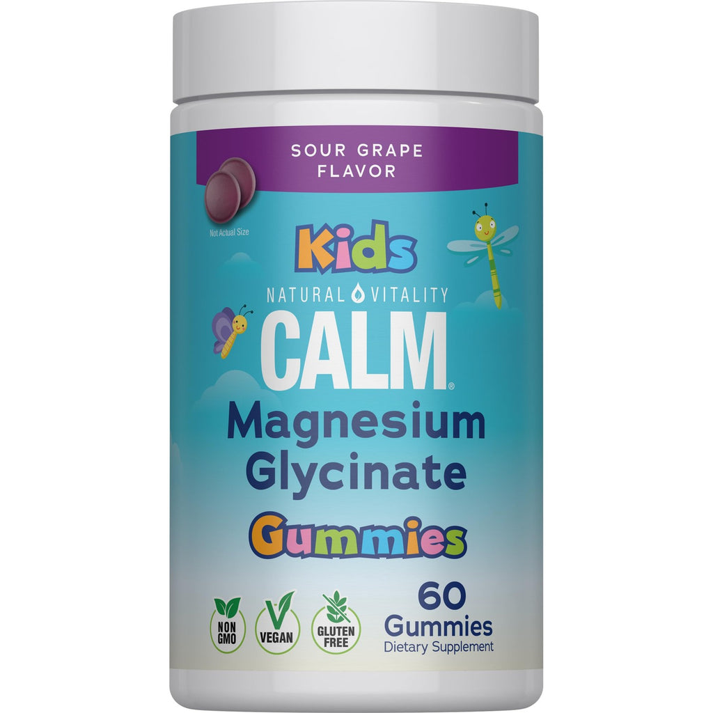 Natural Vitality Kids Calm | Magnesium Glycinate Gummies | Sour Grape Flavored | Non-GMO, Vegan & Gluten Free Supplement | 60 Count