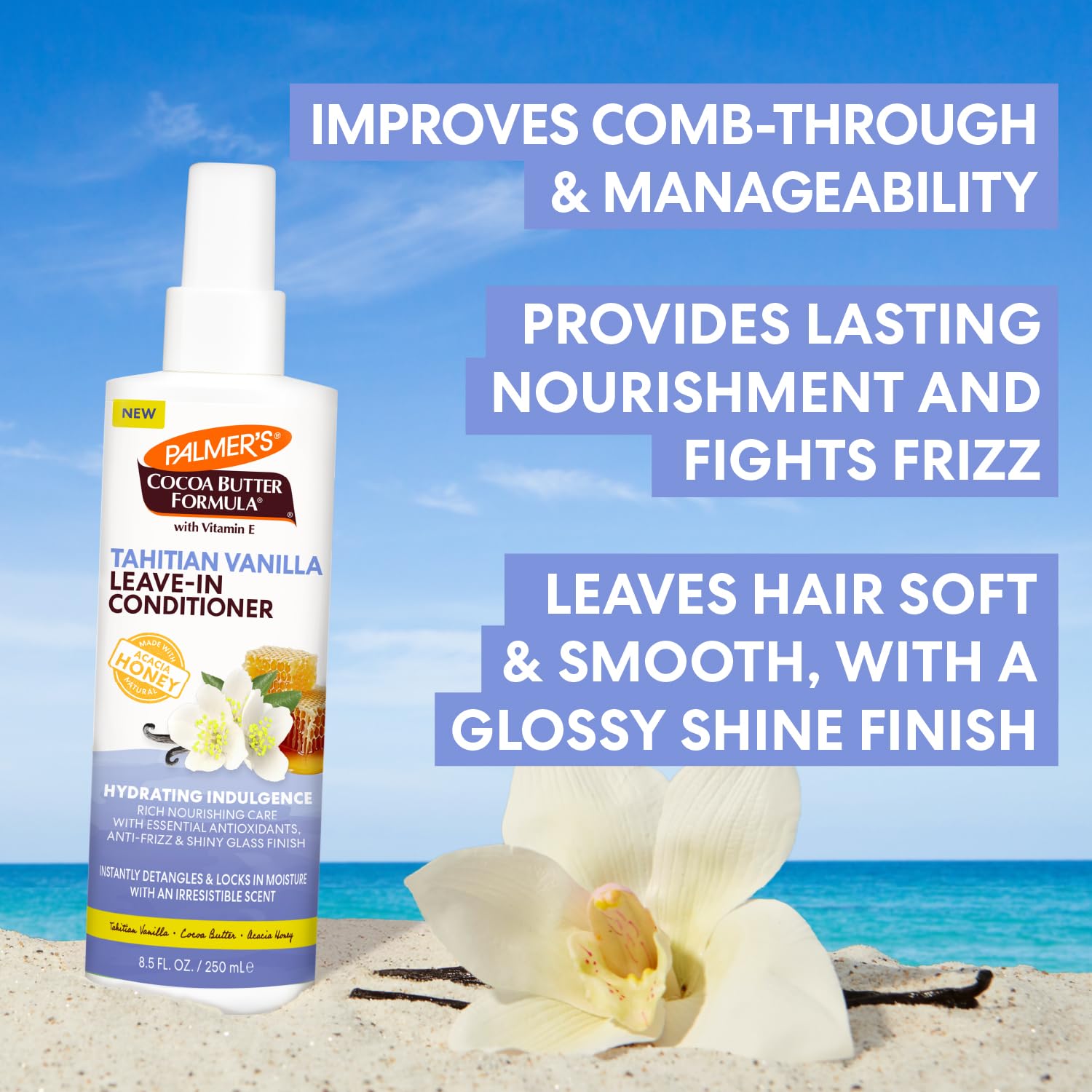 Palmer's Tahitian Vanilla Leave-In Conditioner with Cocoa Butter (8.5 Oz) | Indulgent, Hydrating Hair Detangler Spray, Acacia Honey & Vitamin E, Heat Protectant, Frizz Control & Long-Lasting Moisture