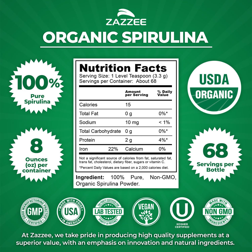 Zazzee USDA Organic Spirulina Powder, 8 Ounces, 68 Servings, 100% Pure | Certified Kosher, Non-Irradiated, Mess-Free Wide Mouth Container, Fresh Smell and Neutral Taste, Non-GMO, Made in USA