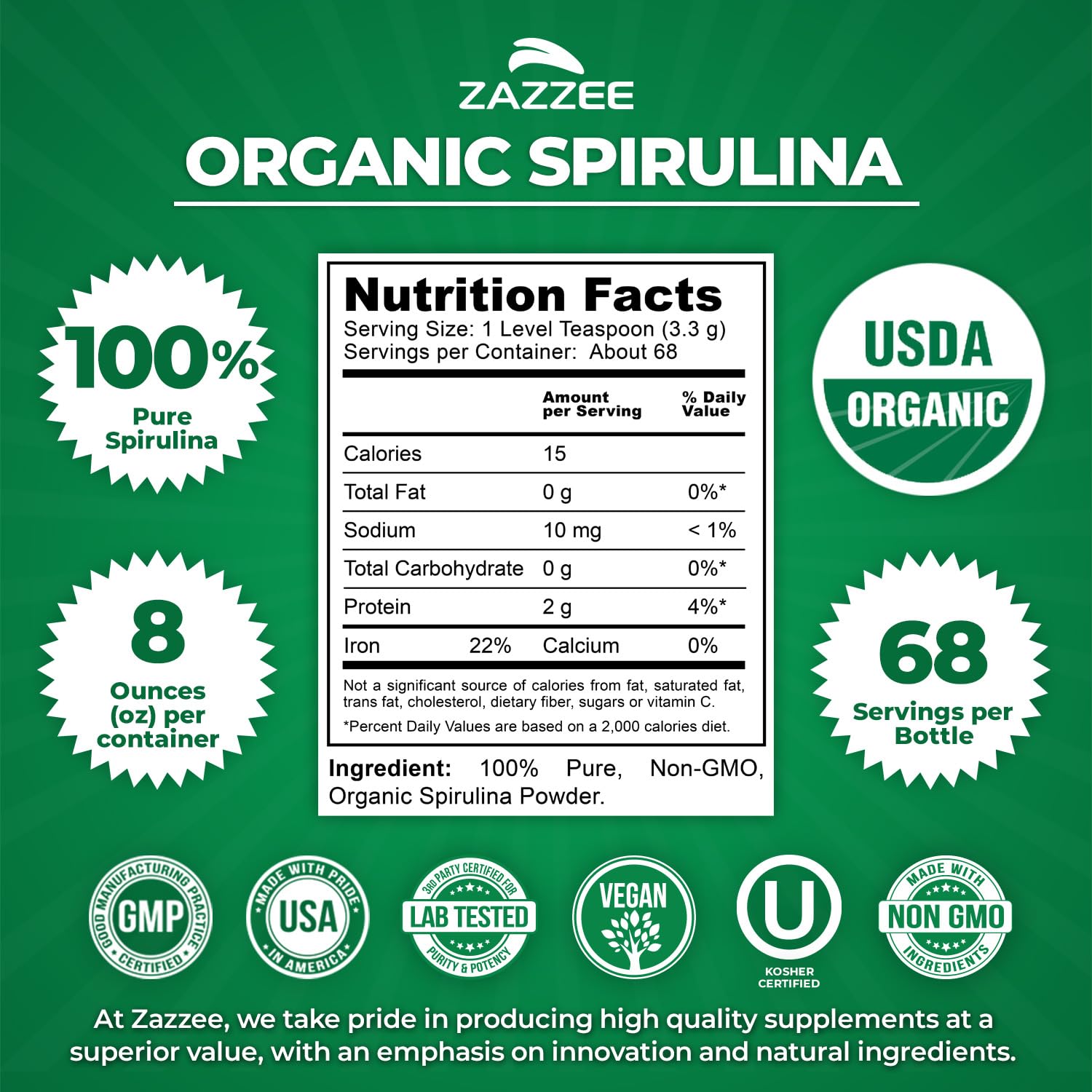 Zazzee USDA Organic Spirulina Powder, 8 Ounces, 68 Servings, 100% Pure | Certified Kosher, Non-Irradiated, Mess-Free Wide Mouth Container, Fresh Smell and Neutral Taste, Non-GMO, Made in USA