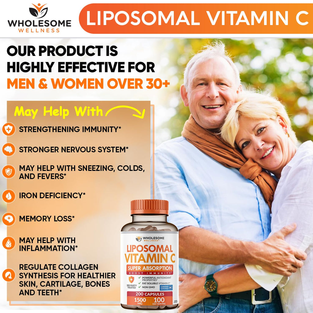 Wholesome Wellness Liposomal Vitamin C Capsules (200 Pills 1500mg Buffered) High Absorption, Immune System & Collagen Booster, High Dose Fat Soluble Immunity Support Ascorbic Acid, Natural Vegan