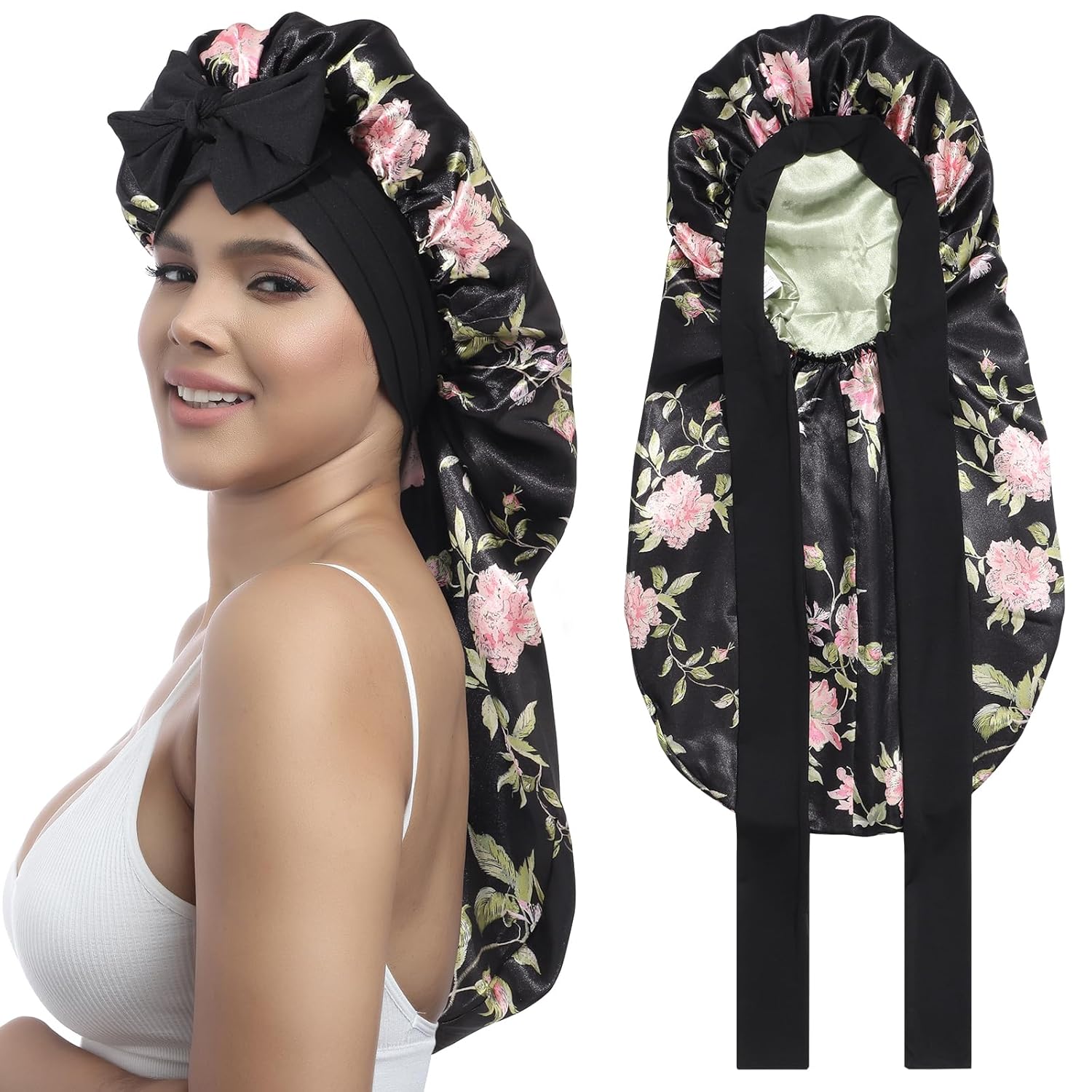 Buy now AWAYTR Long Satin Bonnet for Women - Double Layer Elastic Silk Bonnet for Braids Hair Sleeping Cap with Tie Band (Rose Gold) One Size Black Flower+green at indiglob india