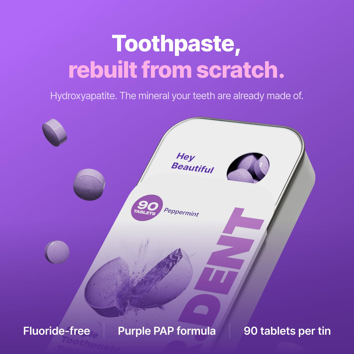 DR.DENT Purple Toothpaste Tablets with 10% Hydroxyapatite, Pap & Xylitol, Color-Correcting *Whitening Formula, Fluoride-Free, SLS-Free, Vegan, 45-Day Supply (90 Chewable Tablets)