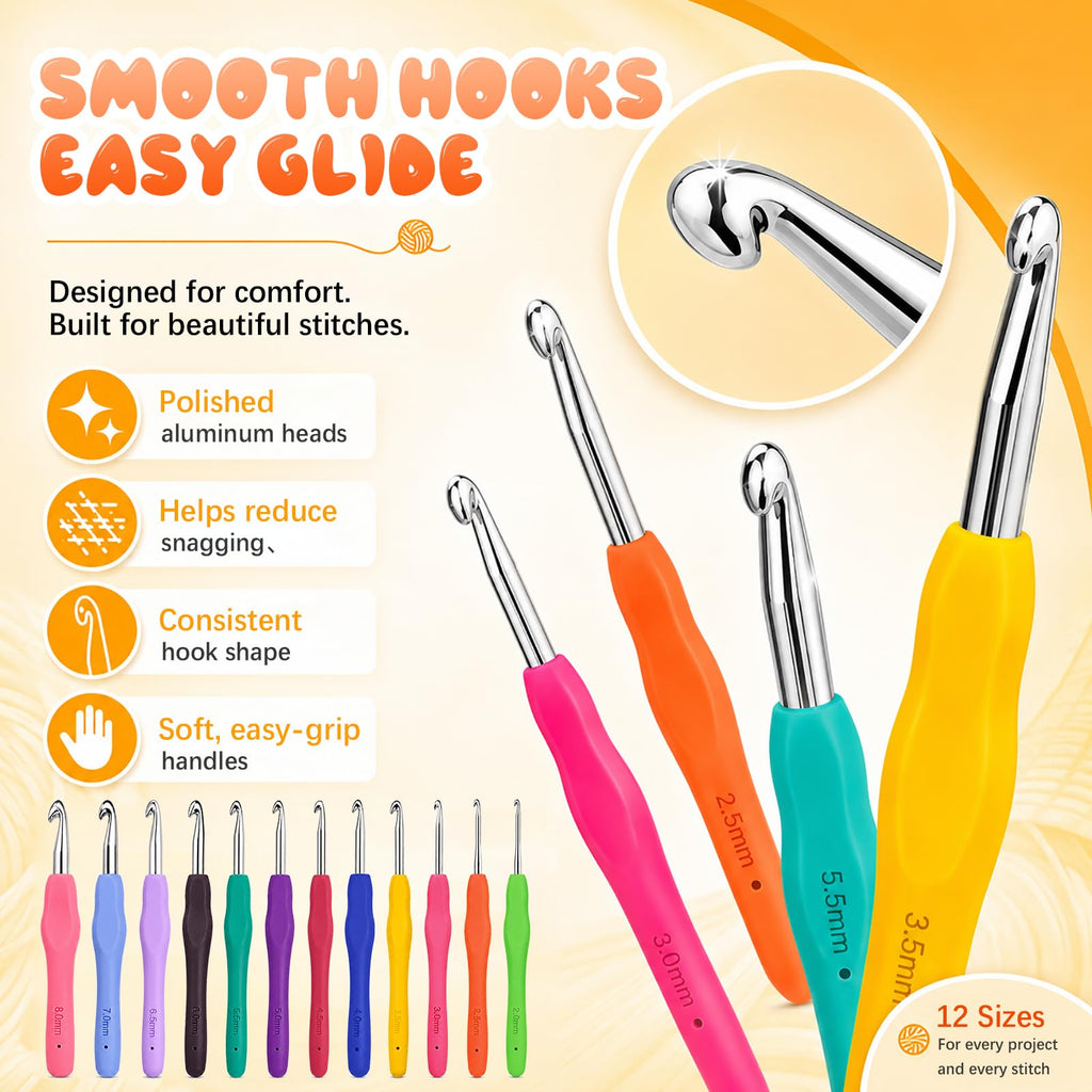 Crochet Hooks 12 Sizes Crochet Hook Set, 50 Pack Yarn Crochet Kit for Beginners, Knitting Needles with Ergonomic Handles for Arthritic Hands, Crochet Needle Kit with Blue Case for Crocheters