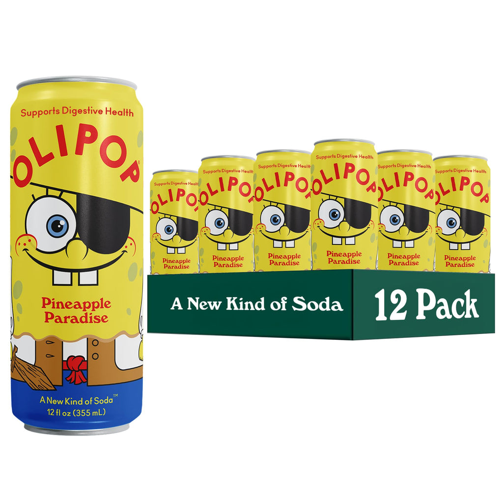 Buy now OLIPOP Prebiotic Soda Pop, SpongeBob Pineapple Paradise, Pantry Pack Packed with Prebiotics, Fiber, and Botanicals, Gluten Free, Vegan, GMO Free, 12oz Skinny Can (12-Cans) at indiglob india