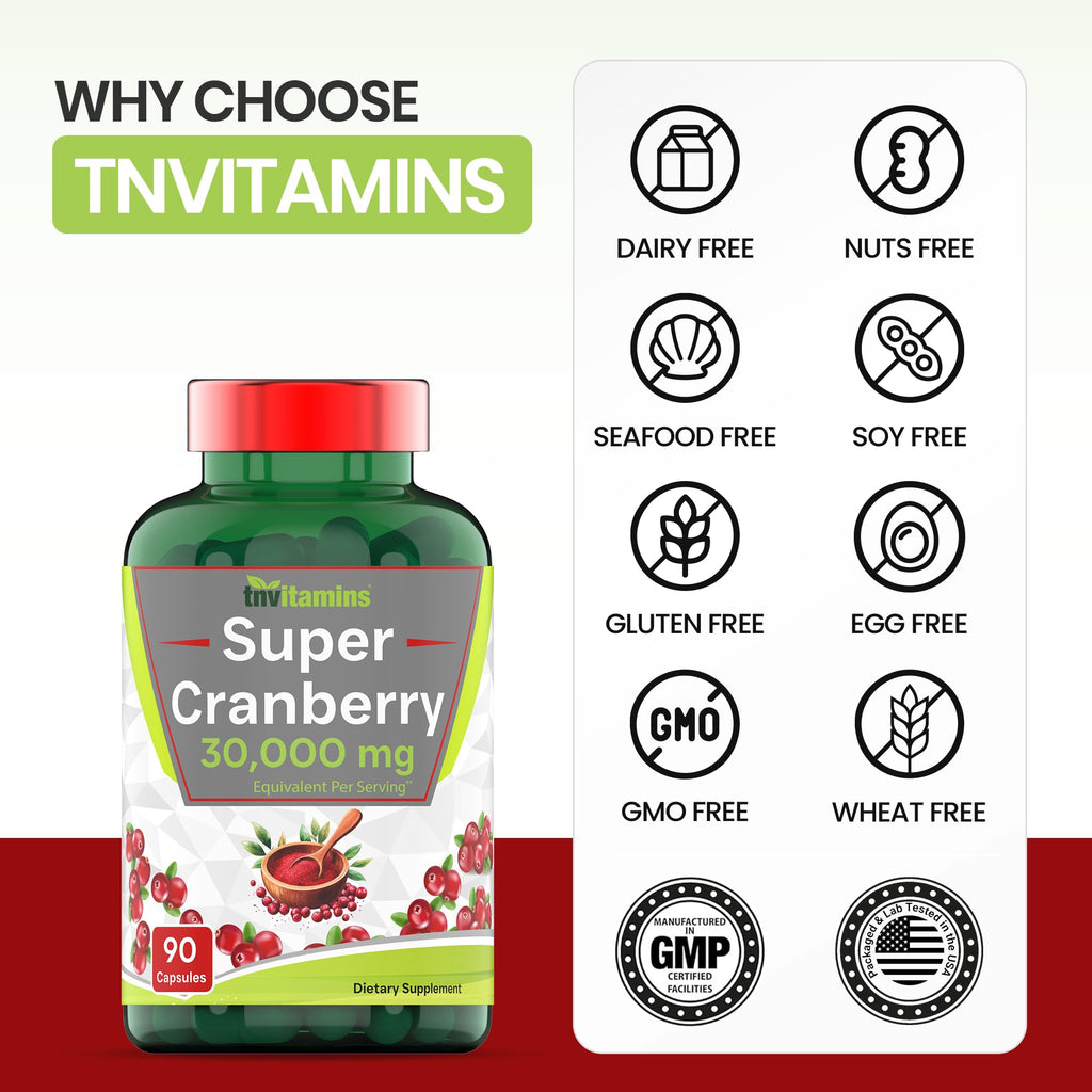 tnvitamins Cranberry Pills for Women & Men - 90 Capsules | Supports Urinary Tract Health* | Cranberry Concentrate Supplement | Bladder & Kidney Support* | Supports Women's Health* | Antioxidants
