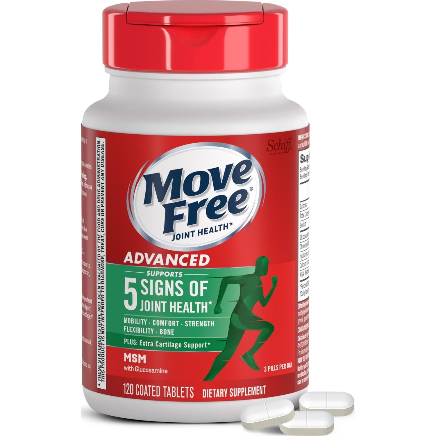 Move Free Advanced Joint Support, Glucosamine, Chondroitin + MSM - 120 ct | Supports Mobility Comfort Strength Flexibility & Bone, 40 Servings, Bone & Joint Support Supplement tablets, Fruitx-B
