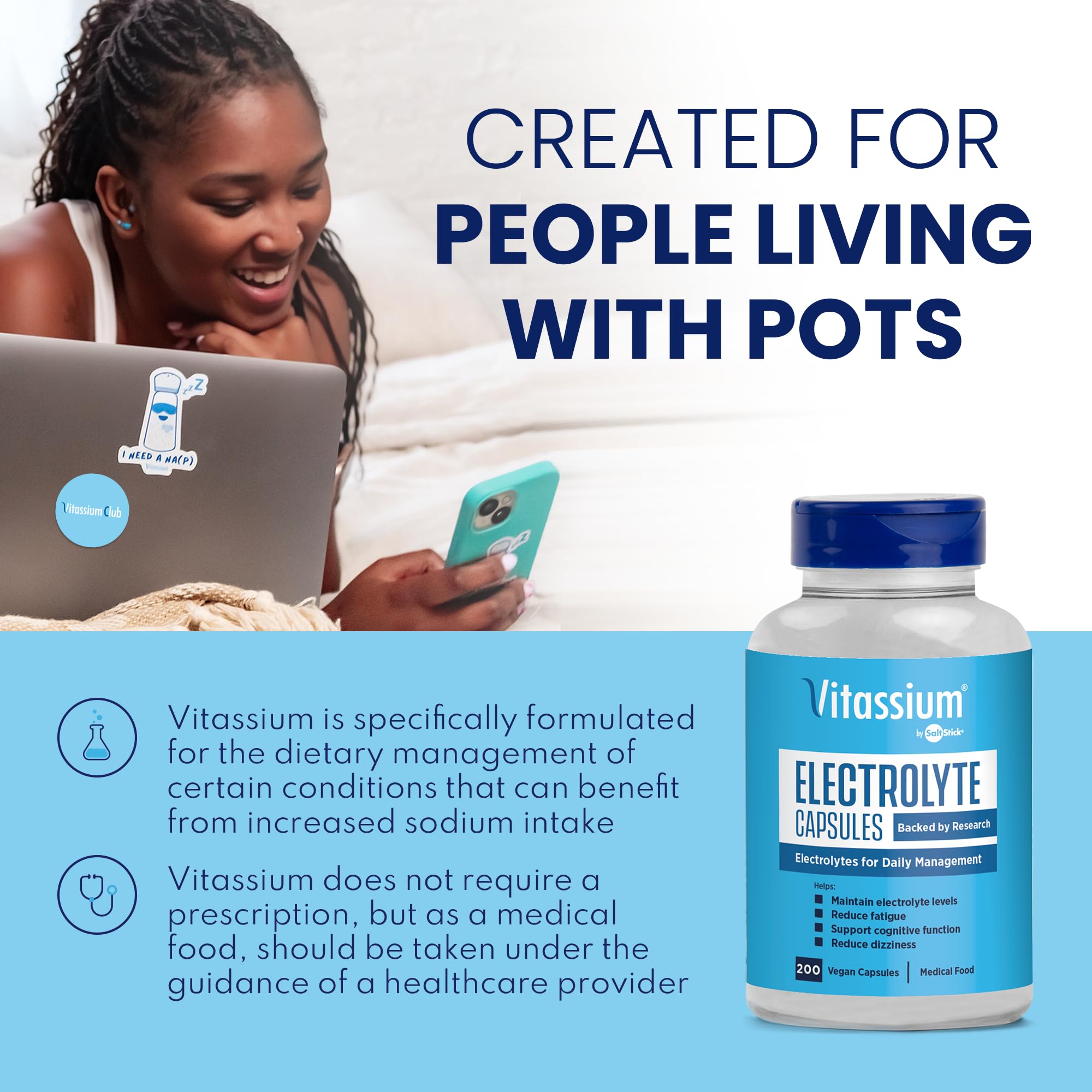 Vitassium Electrolytes Salt Pills for POTS Scientifically Formulated 100ct | Made for POTS & high sodium diets. Developed with patients, doctors and caregivers. 500mg sodium per 2-capsule serving.
