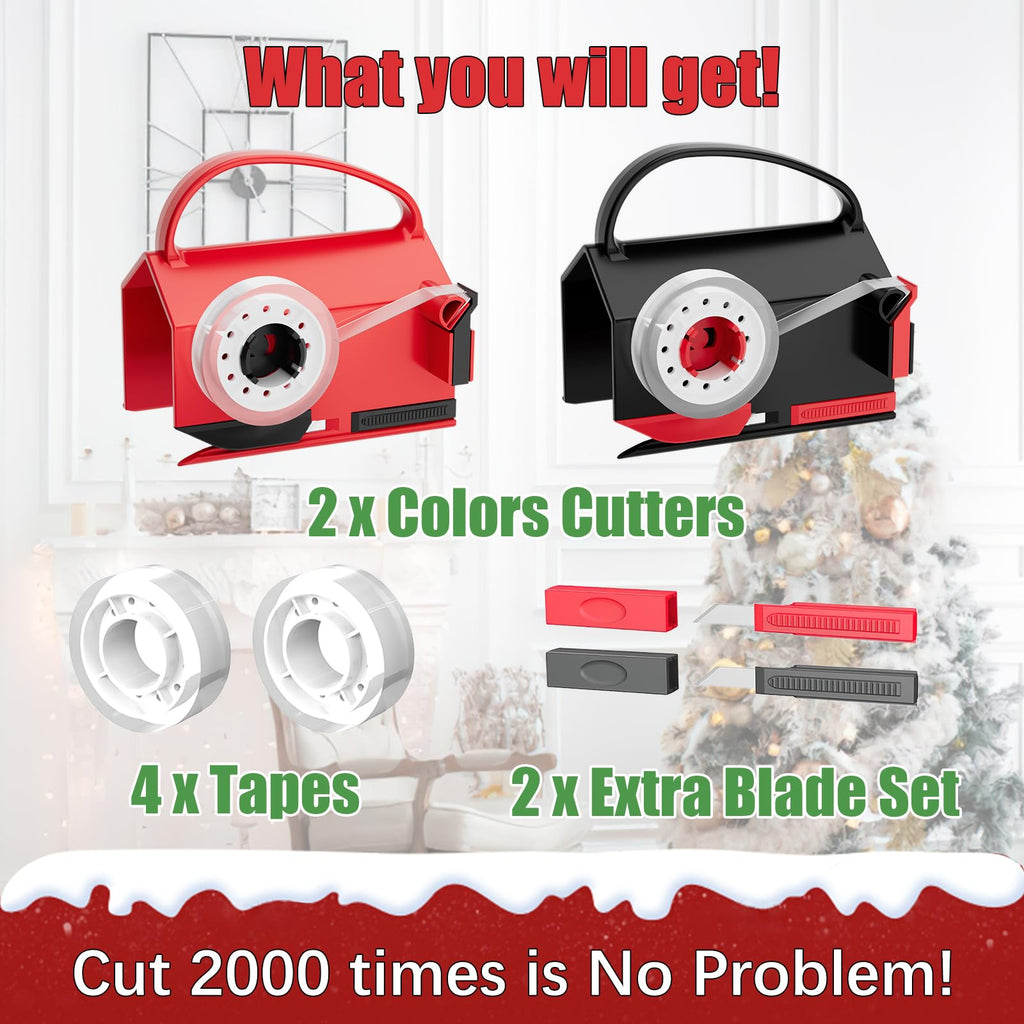 2-Pack Wrapping Paper Cutter & Tape Dispenser for Christmas Gift, Improve Gift Packaging Efficiency, Makes the Cutting line straighter, Cutting Tool with 4 Tapes，2 Replace Blades Kit, Red and Black