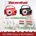 2-Pack Wrapping Paper Cutter & Tape Dispenser for Christmas Gift, Improve Gift Packaging Efficiency, Makes the Cutting line straighter, Cutting Tool with 4 Tapes，2 Replace Blades Kit, Red and Black