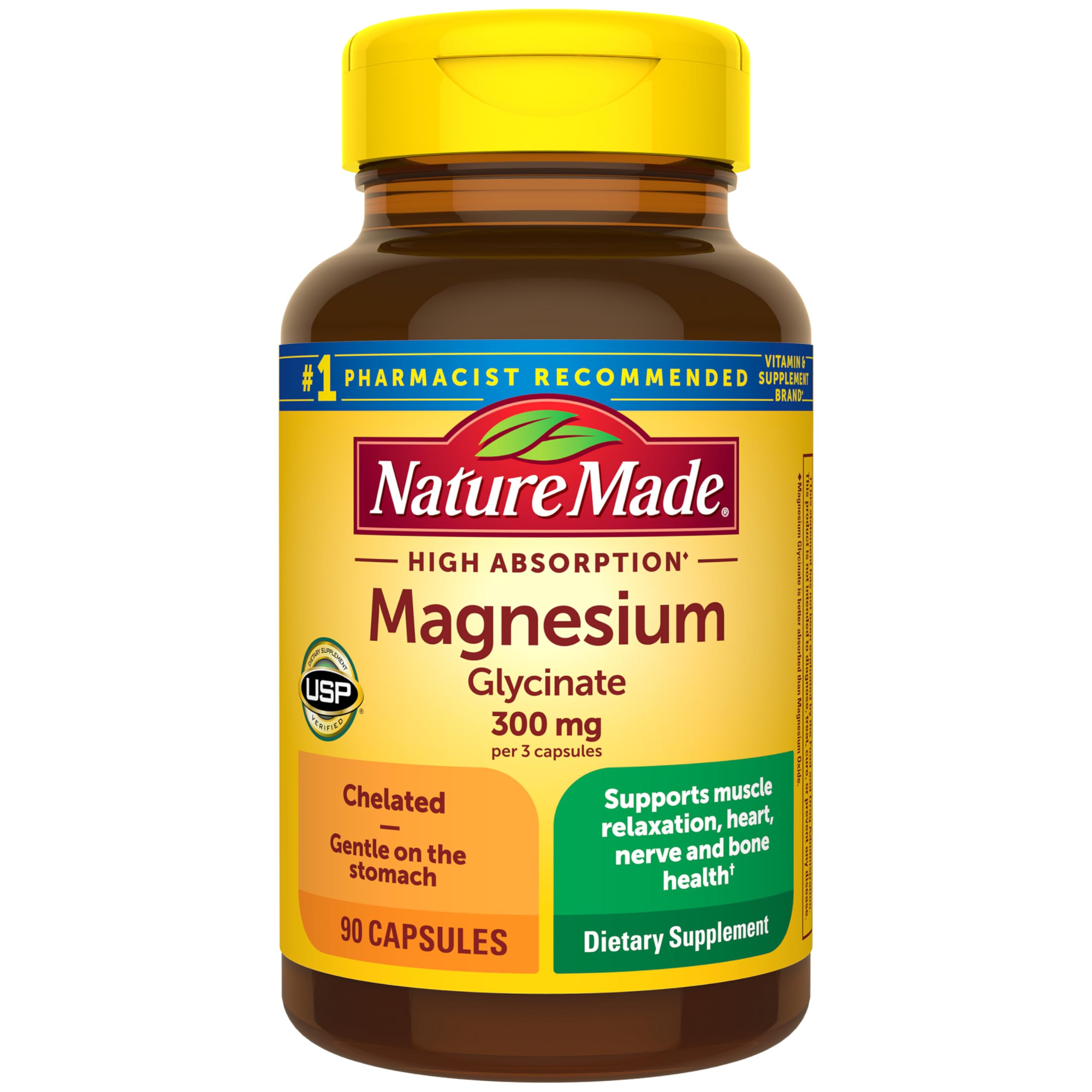 Nature Made Magnesium Glycinate 300 mg per 3 Capsules, 90 Capsules | High Absorption Magnesium Supplement for Muscle, Heart and Bone Support, Magnesium Bisglycinate Capsules, 30 Day Supply