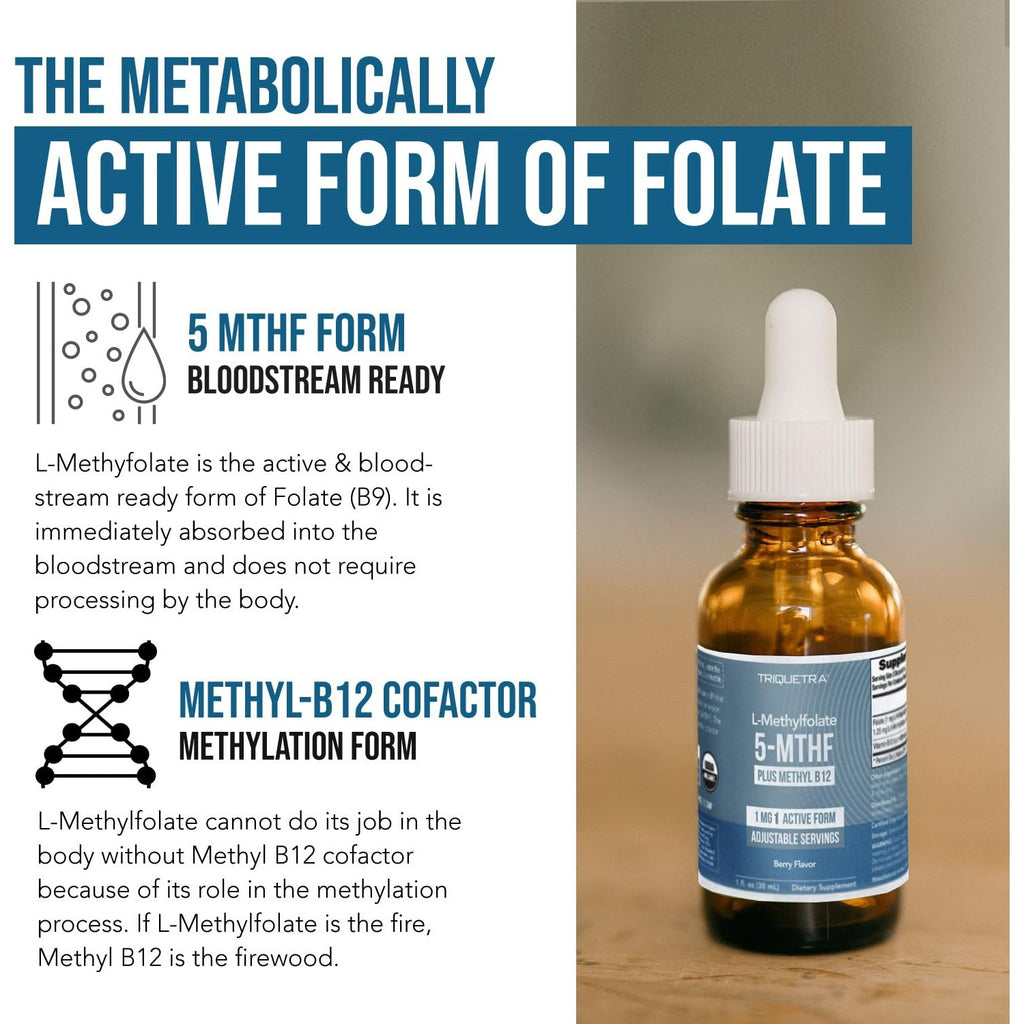 Organic Methyl Folate 1000 mcg + Methyl B12 Cofactor (300 Servings) – Metabolically Active 5-MTHF Form, Organic Berry Flavor, Liquid Sublingual Form – Mood, Cognition, Methylation, Pregnancy (1oz)