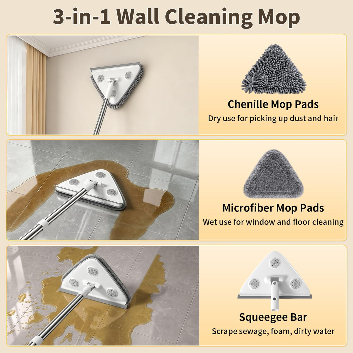Wall Cleaner Mop with Long Handle, Baseboard Cleaner Tool with Extension Pole & Squeegee, 3-in-1 Ceiling Cleaning Tool Duster with 3 Microfiber and 3 Chenille Pads for Washing Window, Floor, Cabinet