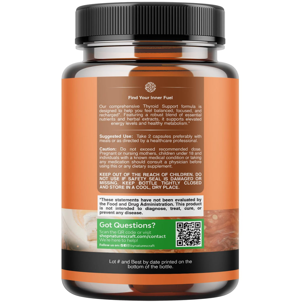 Natures Craft Herbal Thyroid Support Complex - Potent Kelp Iodine Supplement with L Tyrosine, Bladderwrack, Selenium & Ashwagandha for Hormone Balance - Mood & Energy Dietary Pills - 60 Count