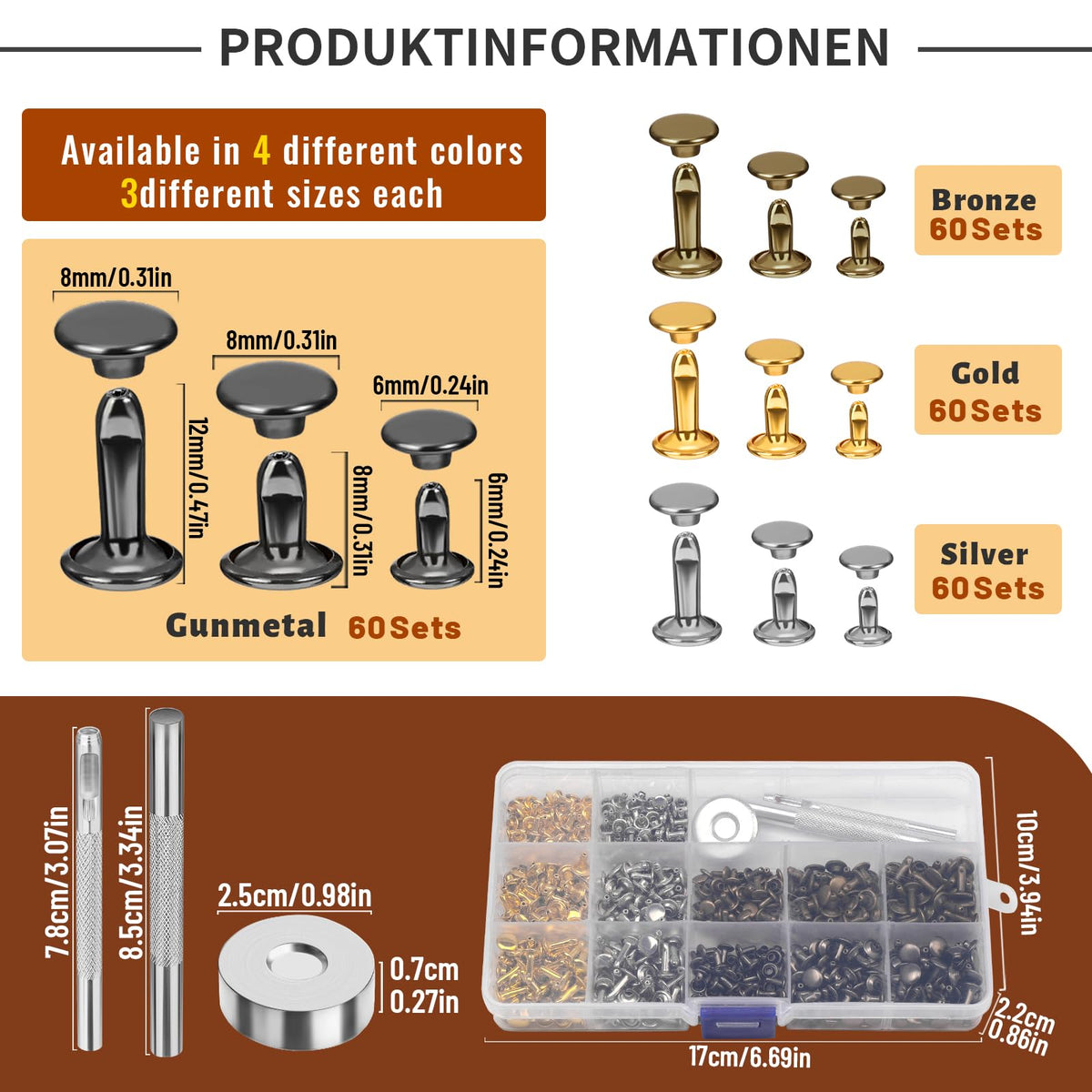 240 Set Leather Rivets 4 Colors 3 Sizes Double Cap Rivets for Leather
