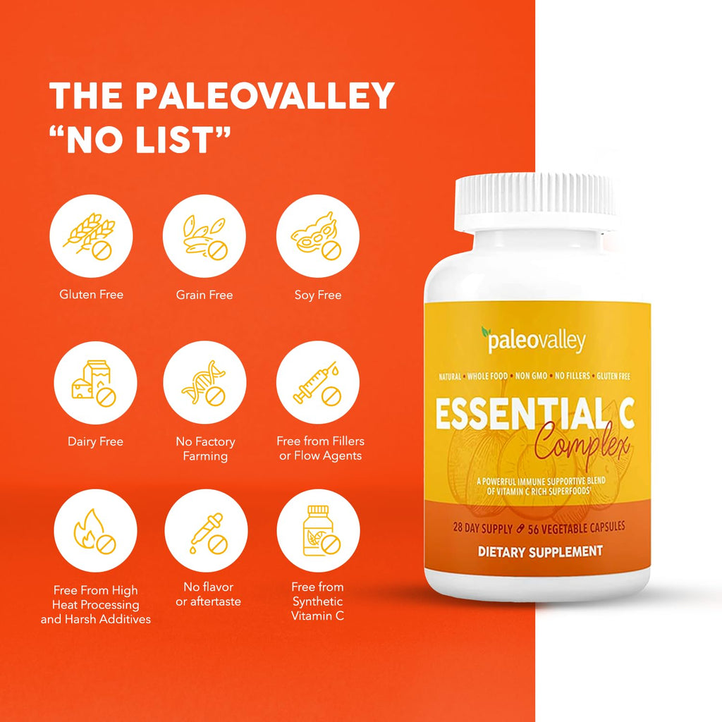 Paleovalley Essential C Complex, Whole Food Vitamin C Supplement, Organic Acerola Cherry, Camu Camu, Amla Berry, No Synthetic Ascorbic Acid, Immune Support Capsules, 450mg- Made in the USA