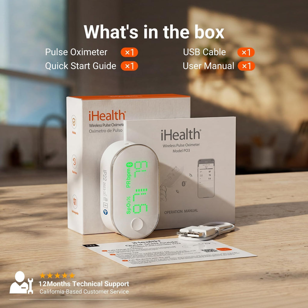 iHealth Rechargeable Bluetooth Fingertip Pulse Oximeter with SpO2, PR & PI