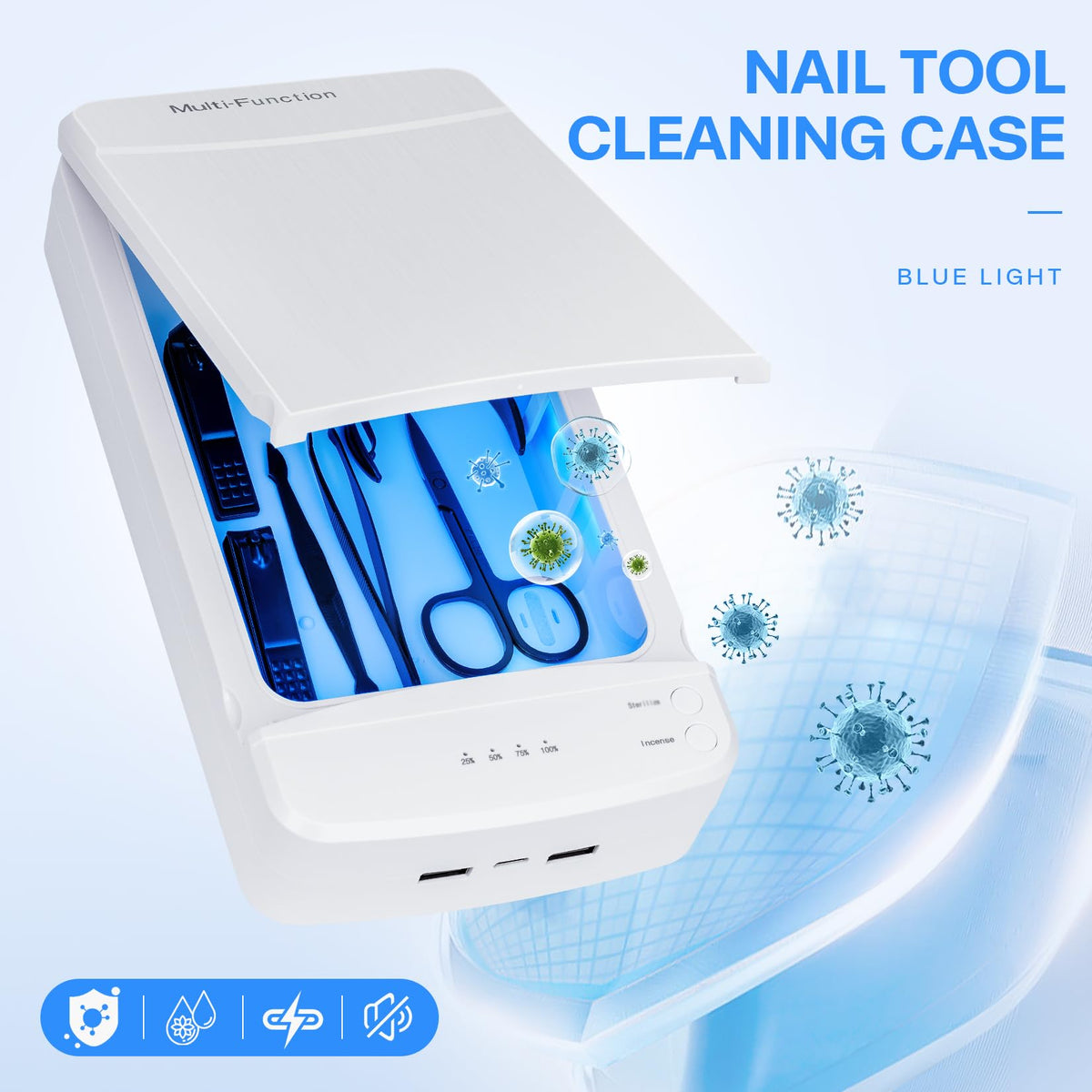 LXIANGN Nail Tool Cleaner with Blue Light, Portable USB Cleaning Box
