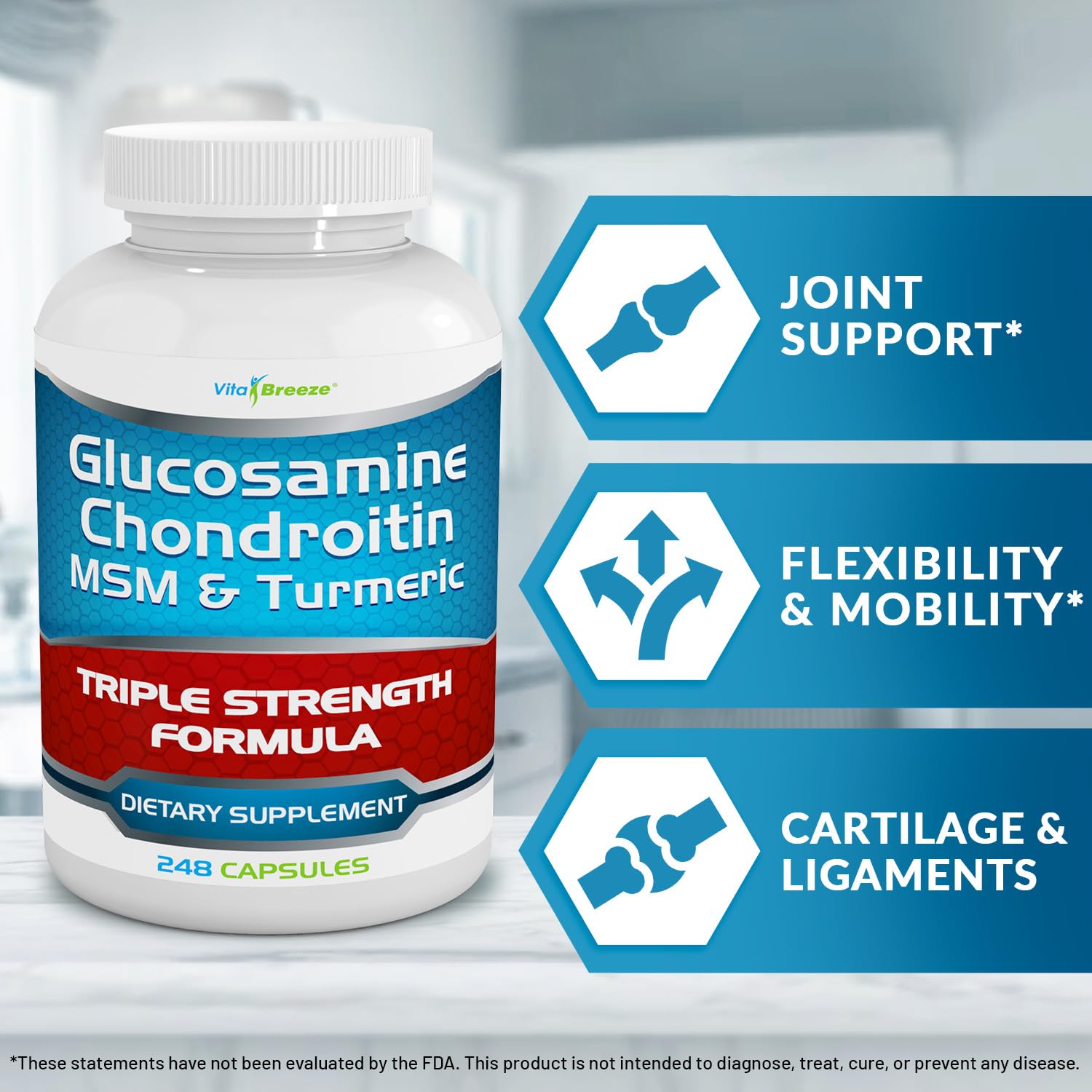VitaBreeze Glucosamine Chondroitin MSM & Turmeric Supplement, 248 Capsules | Triple Strength Joint Support Supplement, Suitable for Men and Women