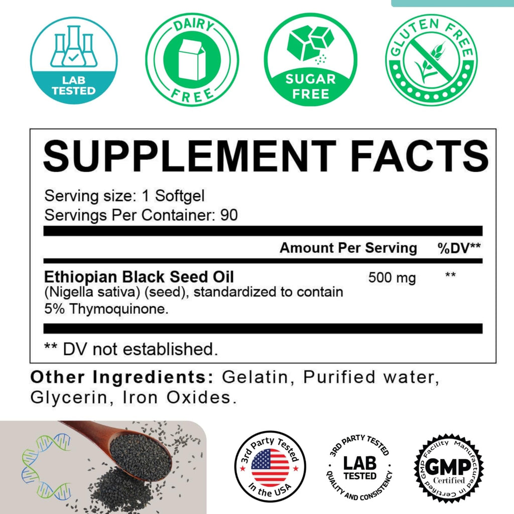 Ethiopian Black Seed Oil 5% Thymoquinone – Pure Cold Pressed Nigella Sativa Black Cumin Seed Oil Softgels – High Thymoquinone (500 mg per Capsule) - 90 Softgels
