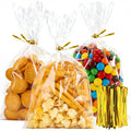 Gewutho 100 Pack Cellophane Bags, 6×10-Inch Clear Cellophane Gift Bags with 100 Gold Twist Ties Included, Plastic Packaging Bags Ideal for Wrapping Cookies, Candies, Party Favors, and Popcorn