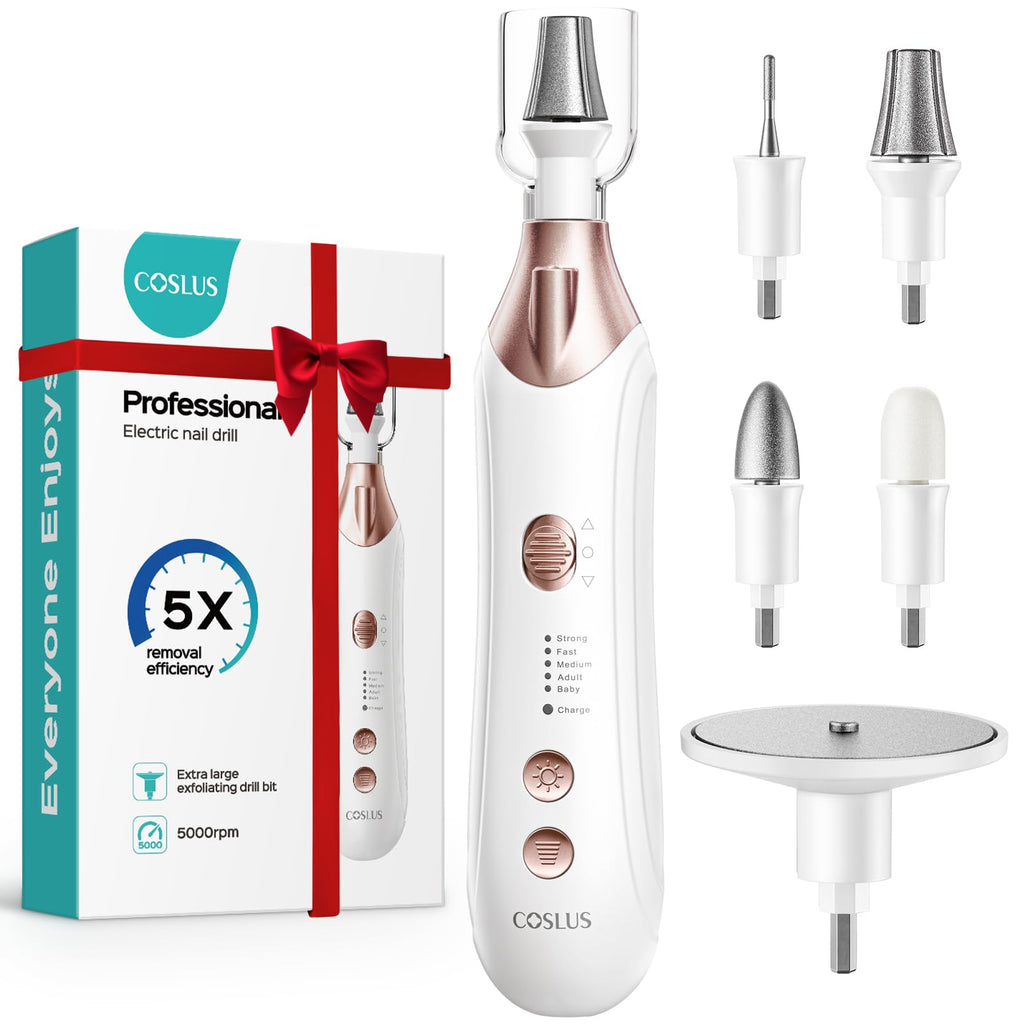 COSLUS C43 Professional Manicure Pedicure Kit with Upgrade Wider Grinder | 5-in-1 Electric Nail File for Toenail Hand Feet, Thick Nails Care, Cordless, 5 Speeds, Men Women Seniors, Home Salon, White