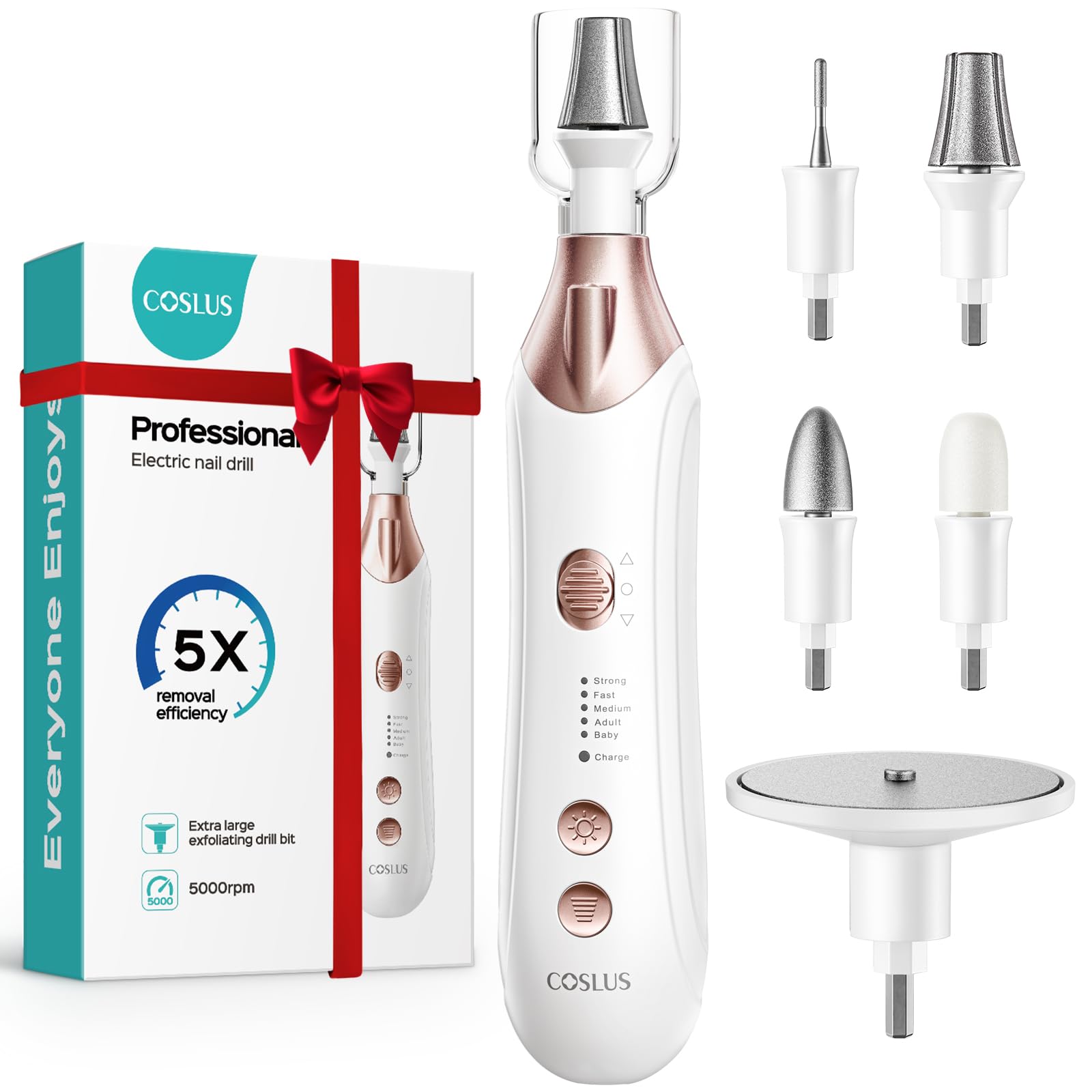 COSLUS C43 Professional Manicure Pedicure Kit with Upgrade Wider Grinder | 5-in-1 Electric Nail File for Toenail Hand Feet, Thick Nails Care, Cordless, 5 Speeds, Men Women Seniors, Home Salon, White