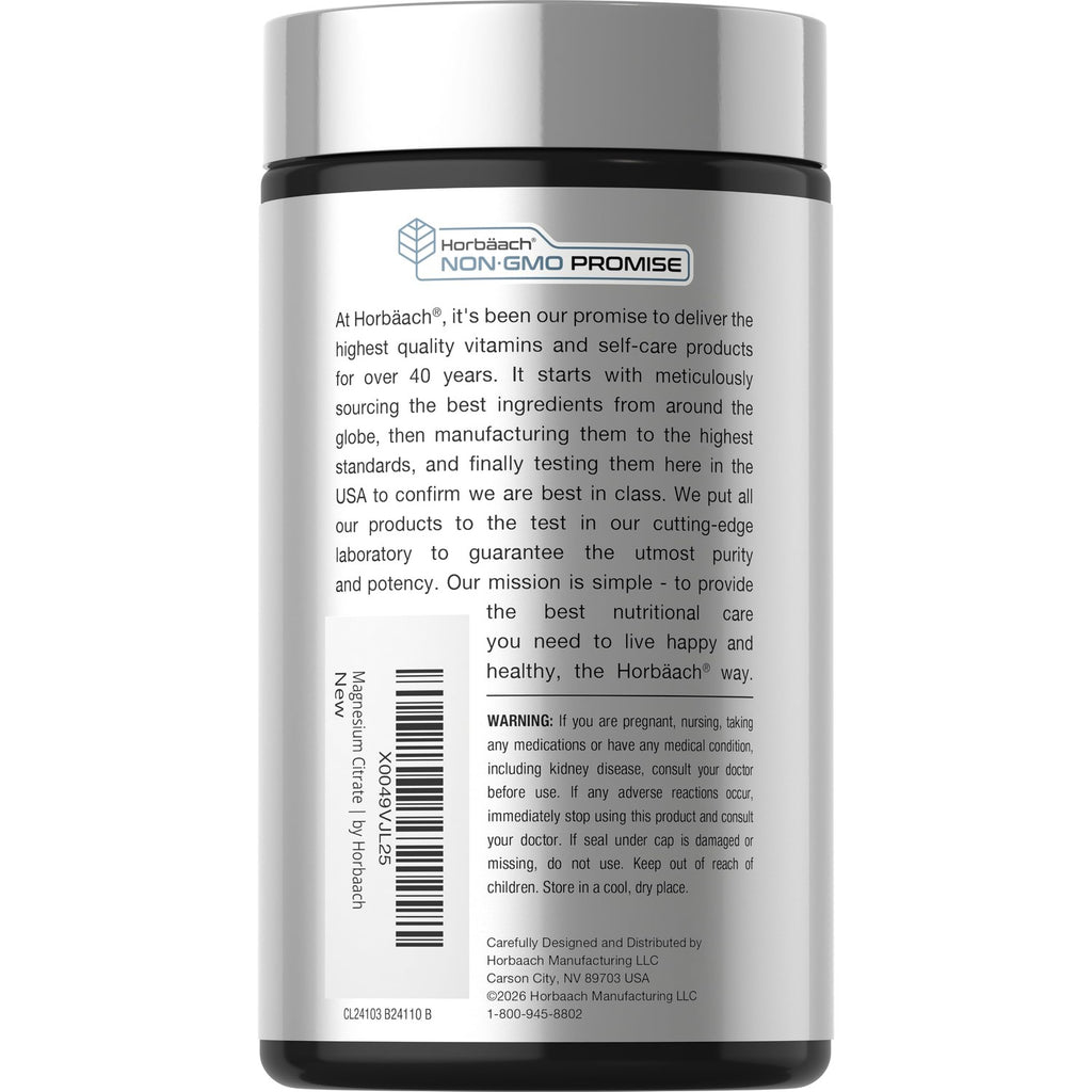 Horbäach Magnesium Citrate | 850mg | 120 Softgels | Superior Absorption