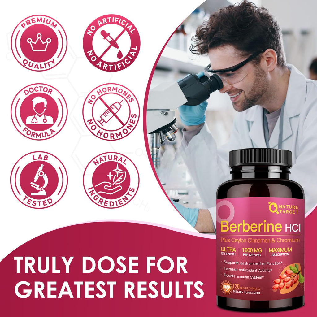 NATURE TARGET Berberine Supplement with Ceylon Cinnamon 1200mg, 120 Capsule | Berberine HCl with Chromium - Supports Immune, Gastrointestinal & Digestive Health, Non-GMO