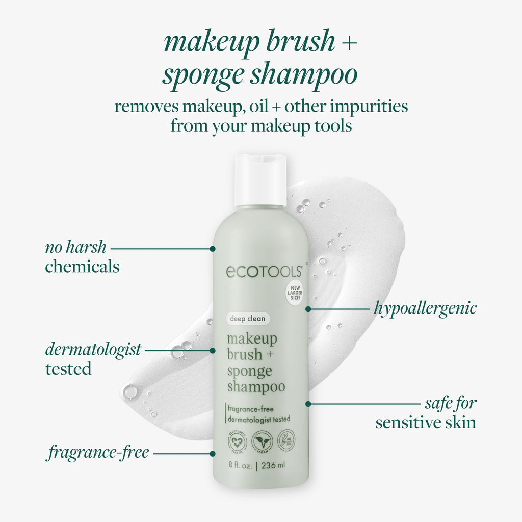 EcoTools Makeup Brush Cleanser + Sponge Shampoo, Fragrance-Free, 8 Fl Oz | Cleaner brushes and sponges, makeup brush soap for daily washing, beauty blender cleaner, plant based, sulfate free