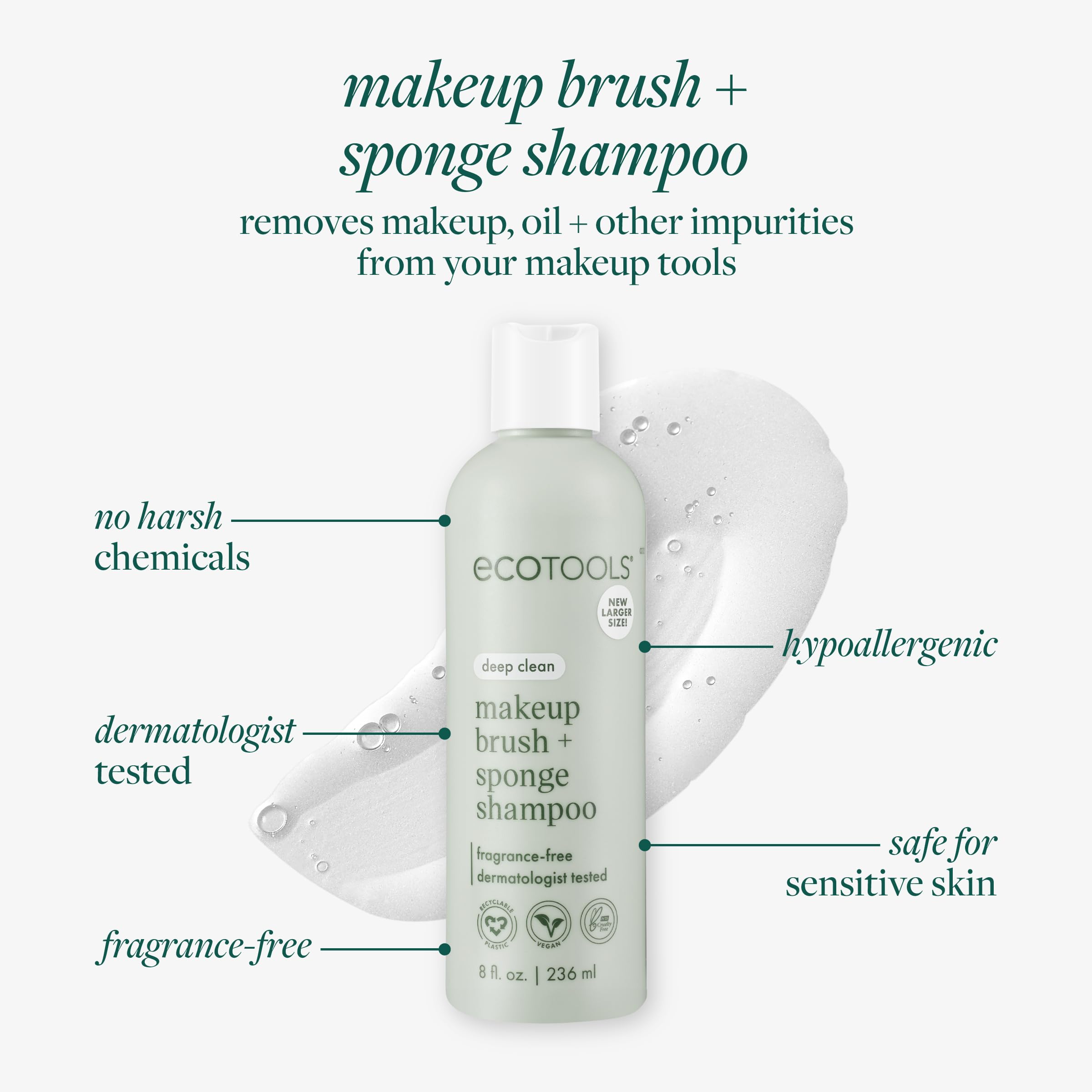 EcoTools Makeup Brush Cleanser + Sponge Shampoo, Fragrance-Free, 8 Fl Oz | Cleaner brushes and sponges, makeup brush soap for daily washing, beauty blender cleaner, plant based, sulfate free