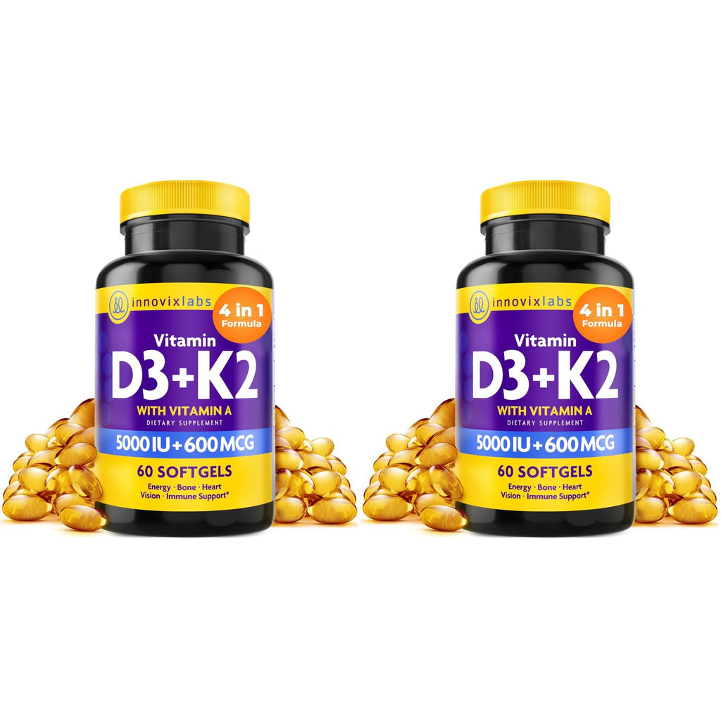 InnovixLabs D3 K2 Vitamin 5000 IU Supplement with Vitamin A (60 Softgels) (Pack of 2)