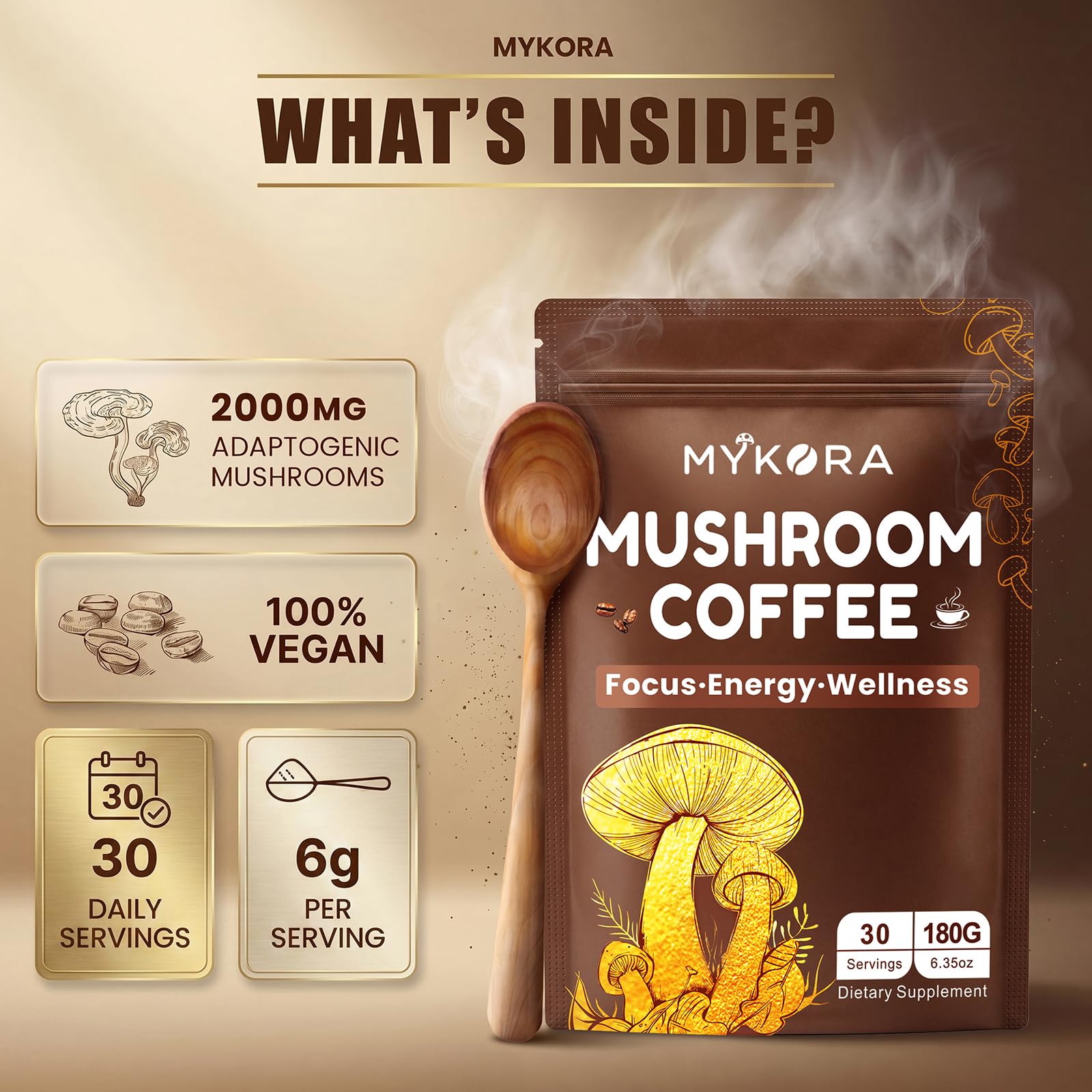 Mushroom Coffee, 2000mg Organic Instant Coffee with 6 Adaptogenic Mushrooms (Lion’s Mane & Turkey Tail), with MCT Oil & Coconut, for Focus, Energy, Digestion & Immune Support, 30 Servings