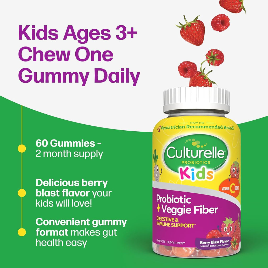 Culturelle Kids Probiotic + Veggie Fiber Gummies, Ages 3+, Berry, 60 Count | From the #1 Pediatrician-Recommended Brand± Promotes Digestive Gut Health & Immune Support* for Children, with Vitamin C
