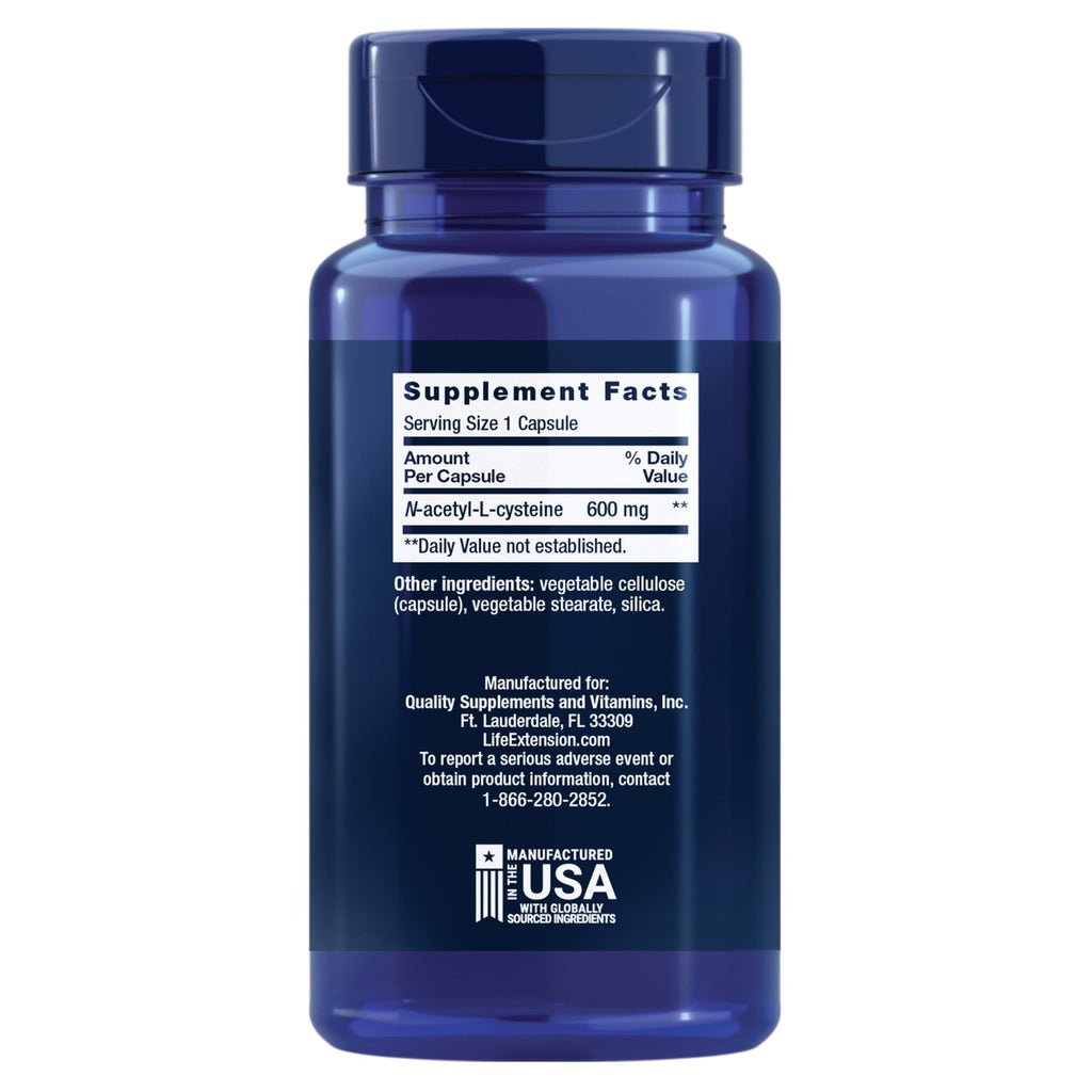 Life Extension N-Acetyl-L-Cysteine (NAC), Immune, Respiratory, Liver Health, NAC 600 mg, Potent antioxidant Support, Free-radicals, Easy to Absorb, 60 Capsules