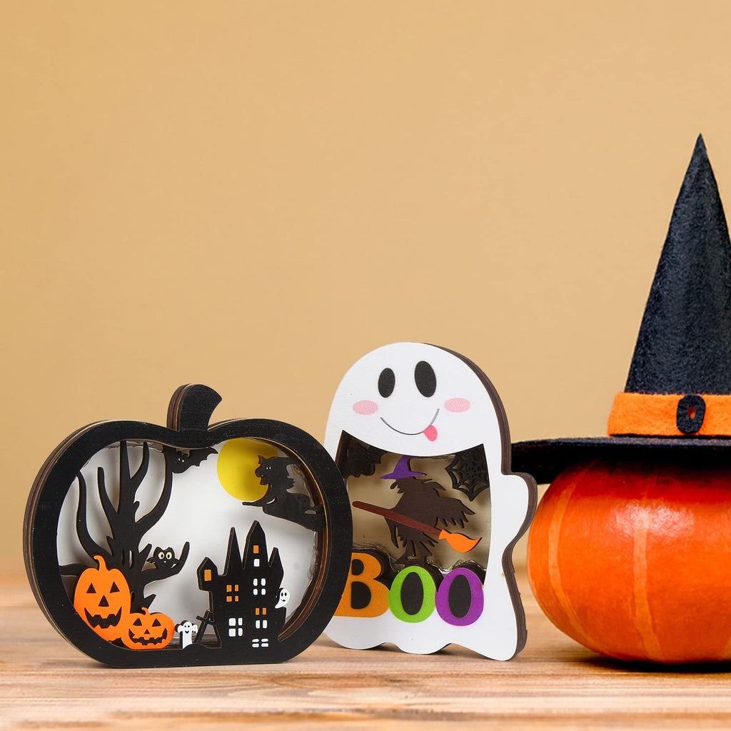SULOLI Halloween Wooden Lighted Pumpkin for Tabletop, 2pcs Light Up Pumpkin Ghost Lamp Lantern Shadow Box Halloween Table Decorations Ornament