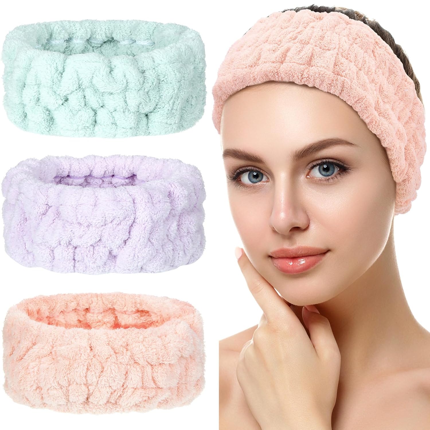 Buy now Chuangdi 3 Pieces Spa Headband for Women Facial Makeup Headband Soft Terry Cloth Hairband for Washing Face Mask Spa Shower Gifts(Dark Pink, Dark Blue, Milky-White) Light Orange, Light Purple, Light Green at indiglob india