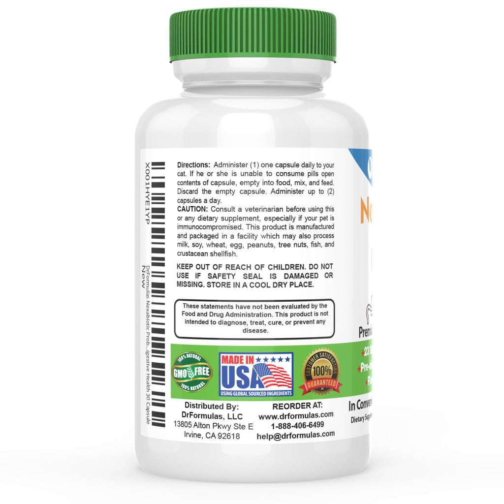 DrFormulas Nexabiotic Probiotics for Cats Powder | Treats Diarrhea for Pets with Saccharomyces Boulardii Lactobacillus Acidophilus, Best Probiotics Supplement for Digestive Health 30 Capsule