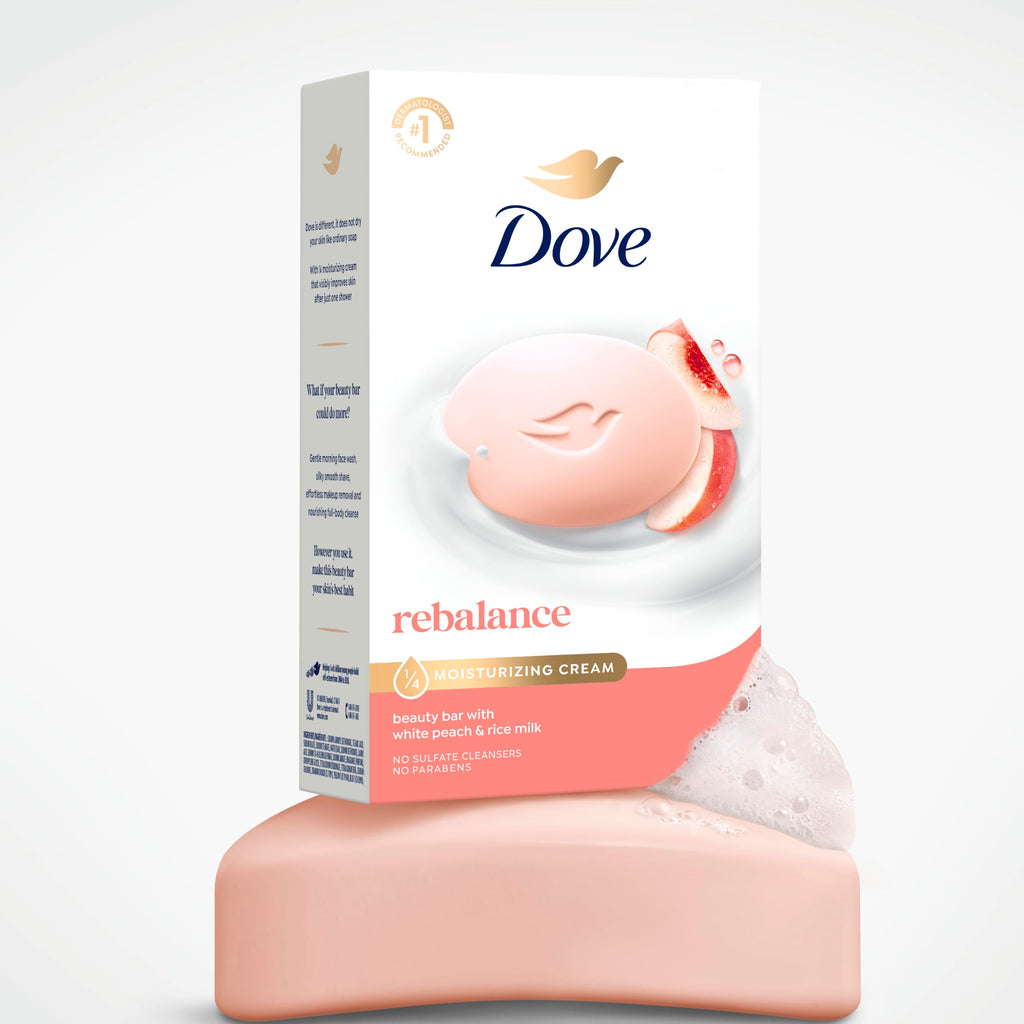 Dove Rebalancing Beauty Bar Soap 6 Count, White Peach & Rice Milk, 3.75 oz | Plant-based beauty bar with white peach and rice milk for soft, moisturized skin