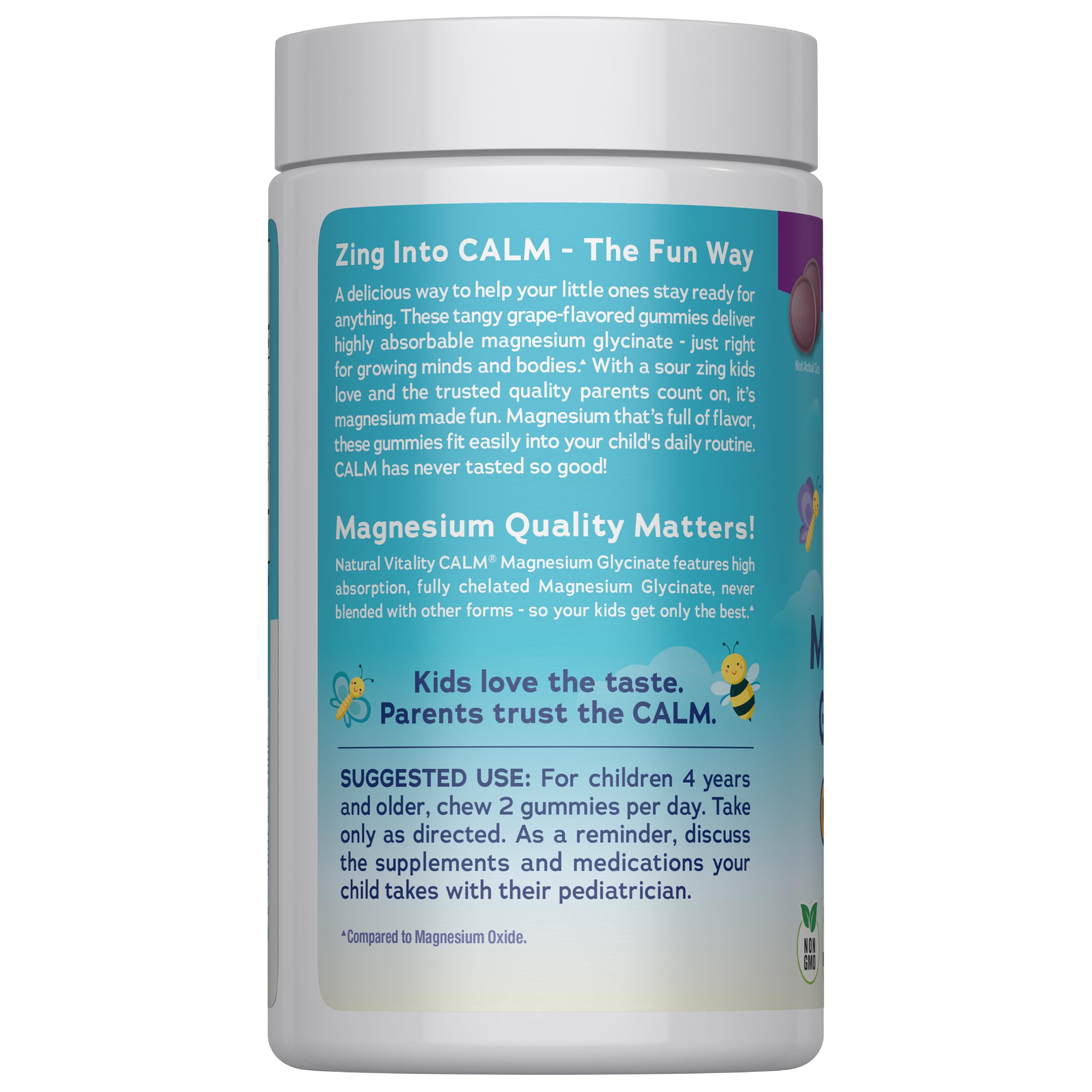 Natural Vitality Kids Calm | Magnesium Glycinate Gummies | Sour Grape Flavored | Non-GMO, Vegan & Gluten Free Supplement | 60 Count