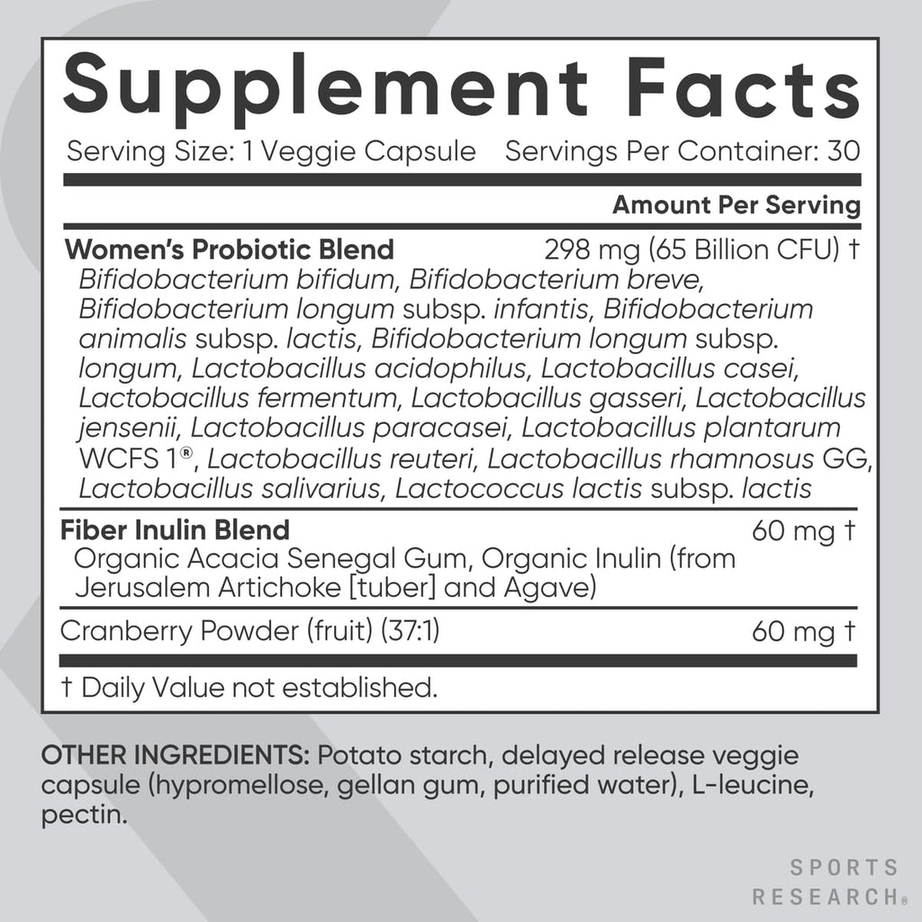 Sports Research® Women's Probiotics 65 Billion CFU w/Prebiotics, 30 Count | Gut Health & Digestive Support, Probiotics for Women w/ Cranberry, Vegan Certified, Non-GMO, Gluten-Free, 30 Servings