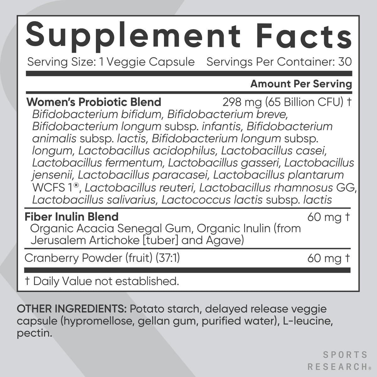 Sports Research® Women's Probiotics 65 Billion CFU w/Prebiotics, 30 Count | Gut Health & Digestive Support, Probiotics for Women w/ Cranberry, Vegan Certified, Non-GMO, Gluten-Free, 30 Servings