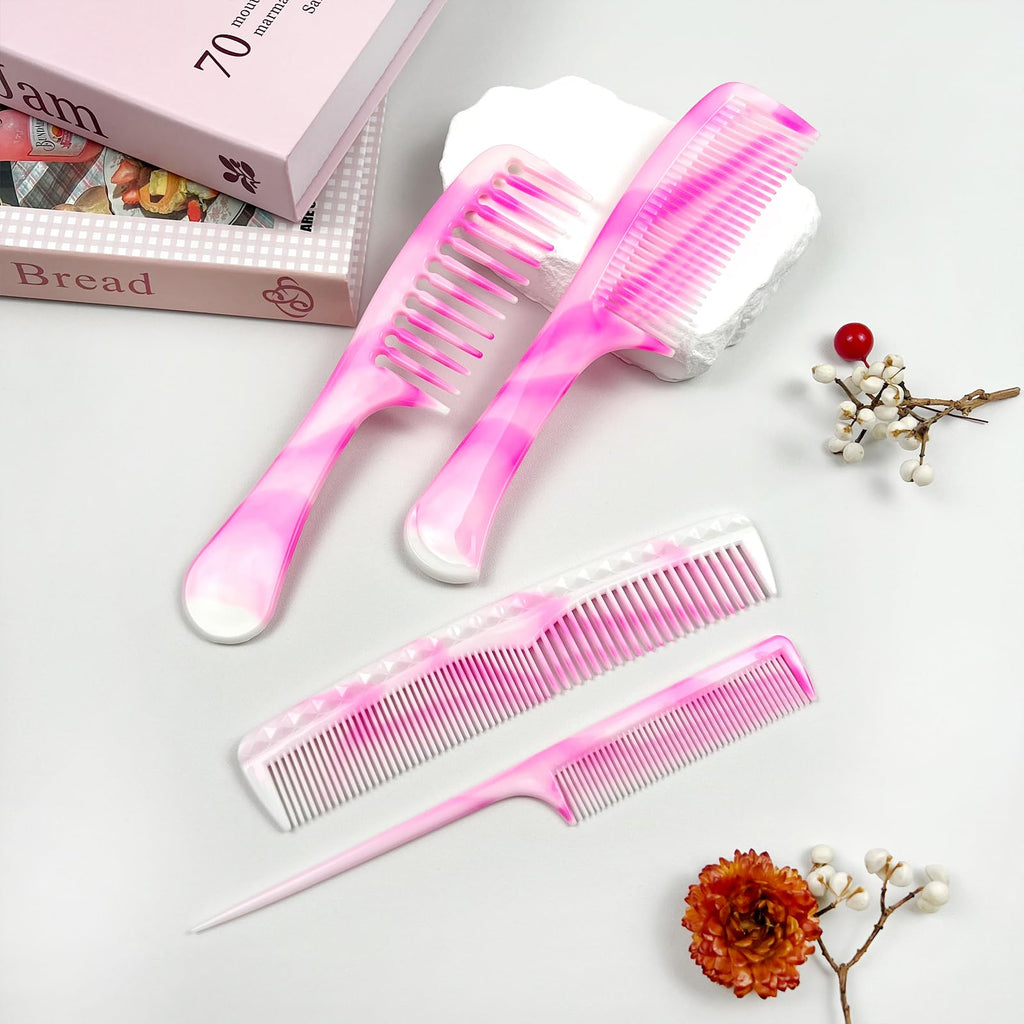 4 Pcs Unisex Hair Comb Set - Rat Tail, Wide & Fine Tooth and Dual-Sided Combs for Daily Detangling, Pink