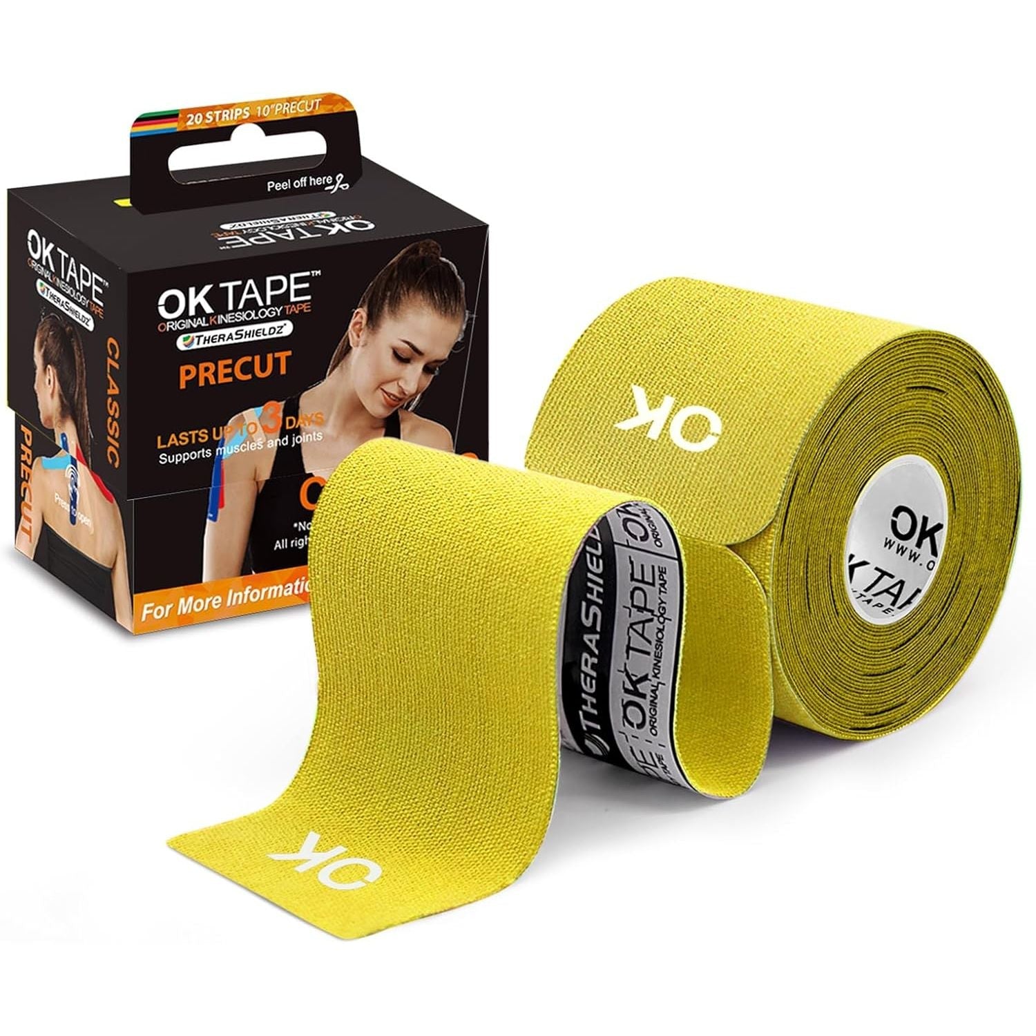 Buy now OK TAPE Kinesiology Tape 10 inches Precut, 20 Strips, Cotton Elastic Athletic Tape Latex Free, 2in x 16ft, Black 20 Count (Pack of 1) Yellow at indiglob india