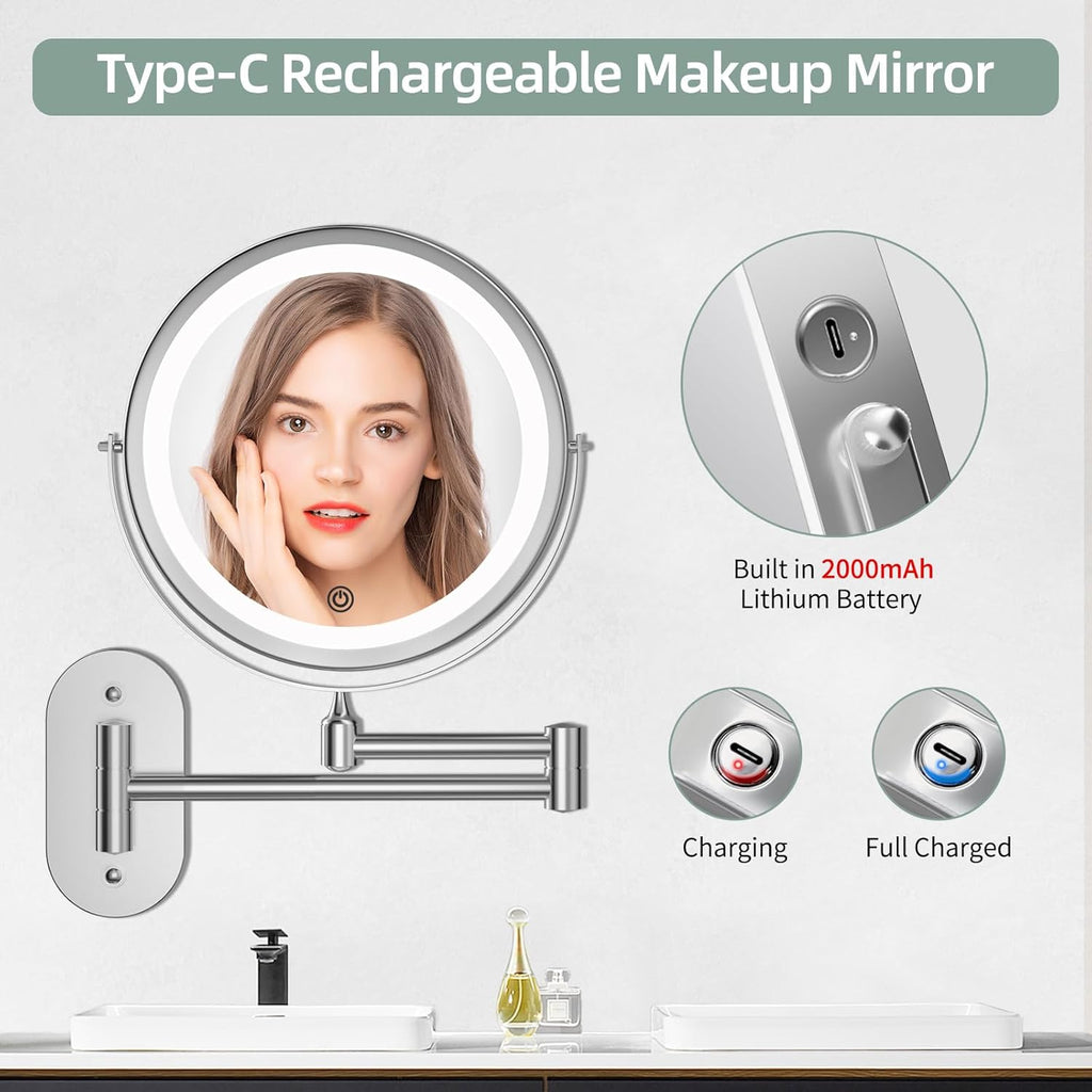Buy now Rechargeable Wall Mounted Lighted Makeup Vanity Mirror 8 inch 1X/10X Magnifying Bathroom Mirror with 3 Color Lights, Double Sided with Dimmable LED Lights, Extended Arm 360Â° Swivel Extension Mirror at indiglob india