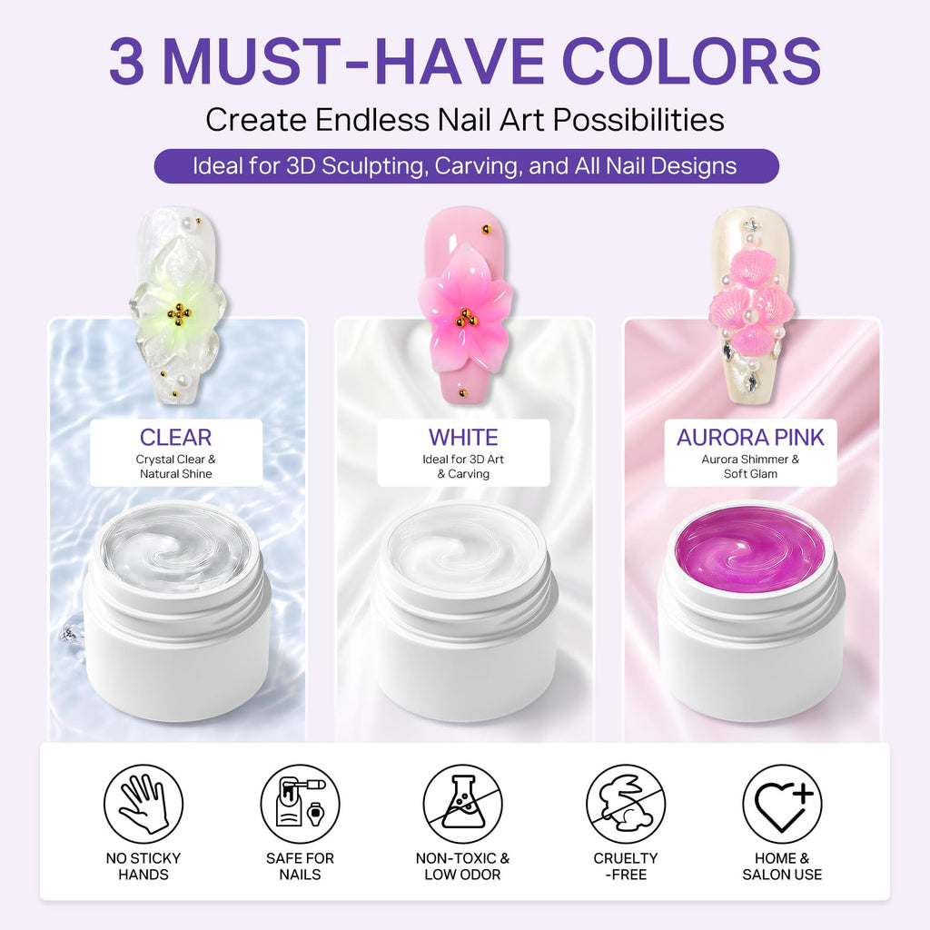 Explore MIZHSE 3D Sculpting Gel in Clear, White, and Aurora Pink. Safe, non-toxic, and salon-quality. Verified by CuratCart.