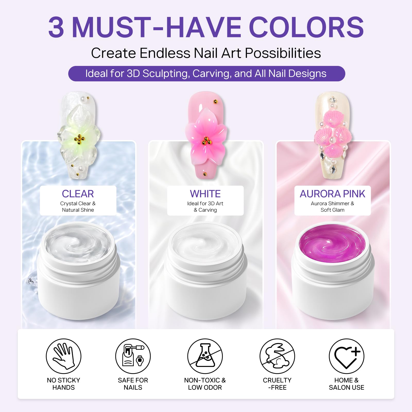 Explore MIZHSE 3D Sculpting Gel in Clear, White, and Aurora Pink. Safe, non-toxic, and salon-quality. Verified by CuratCart.